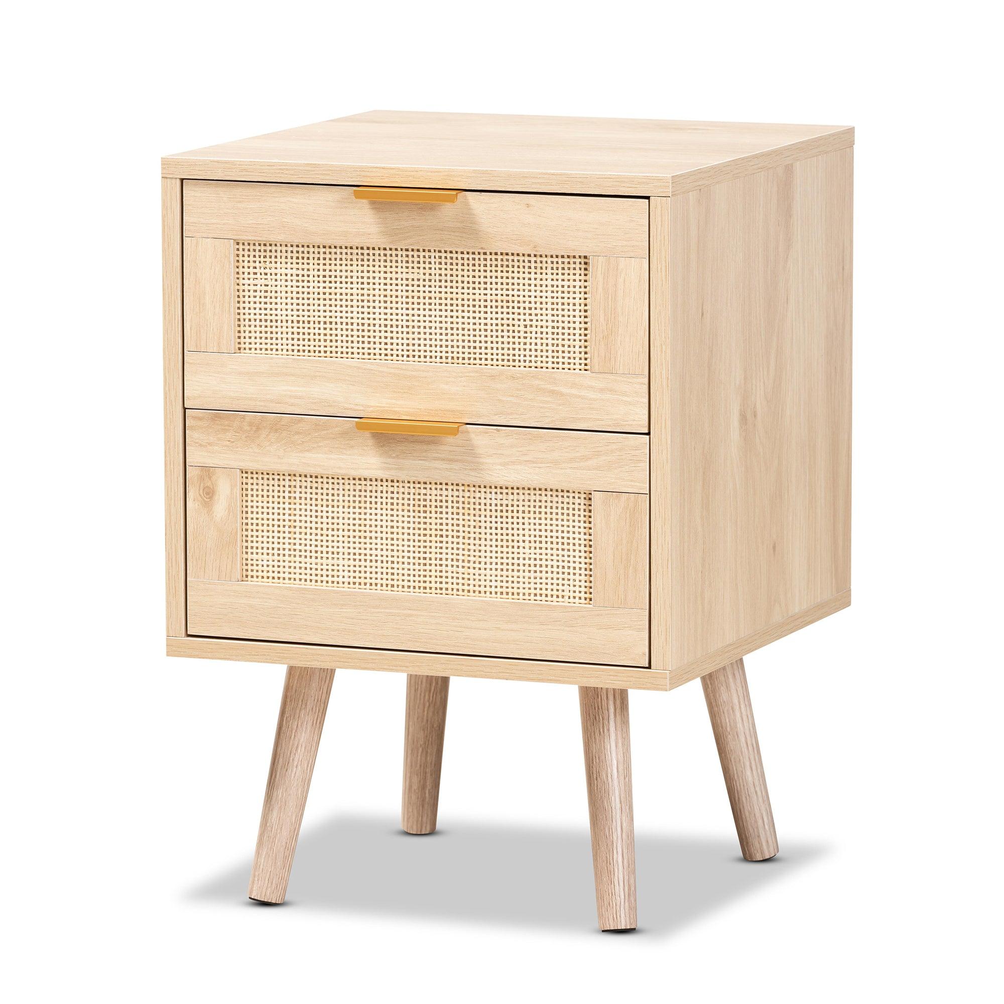 Baird Mid-Century Modern Light Finished Wood and Rattan 2-Drawer End Table