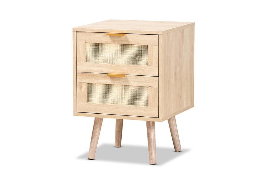 Baird Mid-Century Modern Light Finished Wood and Rattan 2-Drawer End Table