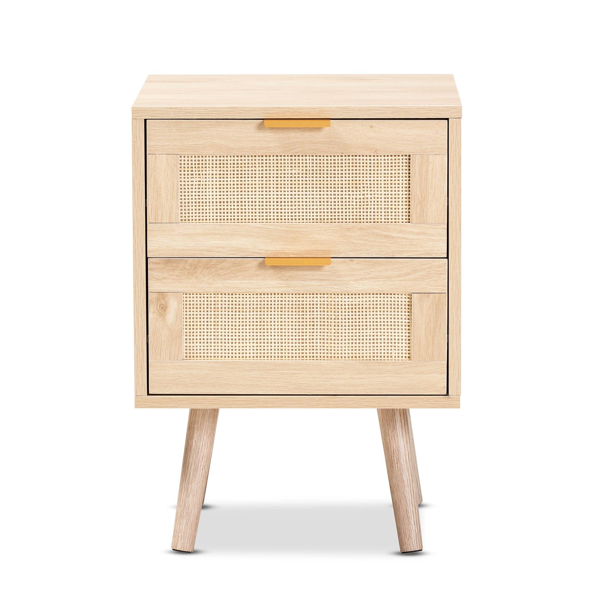 Baird Mid-Century Modern Light Finished Wood and Rattan 2-Drawer End Table