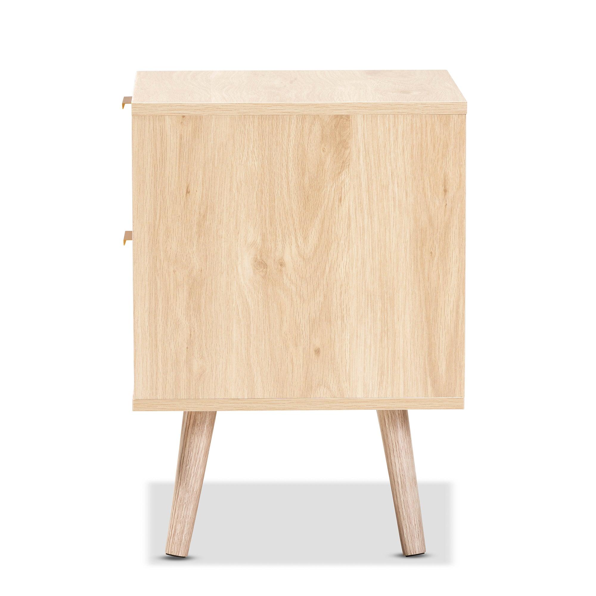 Baird Mid-Century Modern Light Finished Wood and Rattan 2-Drawer End Table