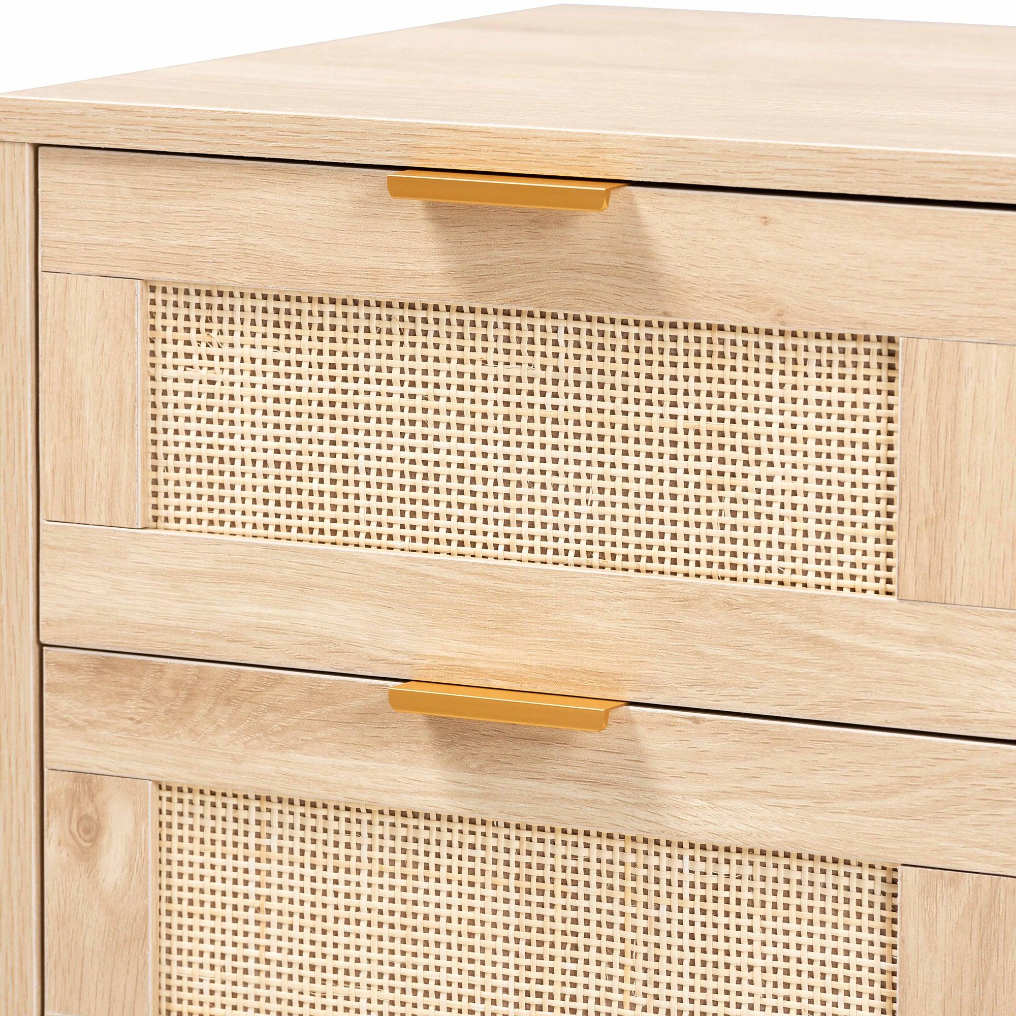 Baird Mid-Century Modern Light Finished Wood and Rattan 2-Drawer End Table