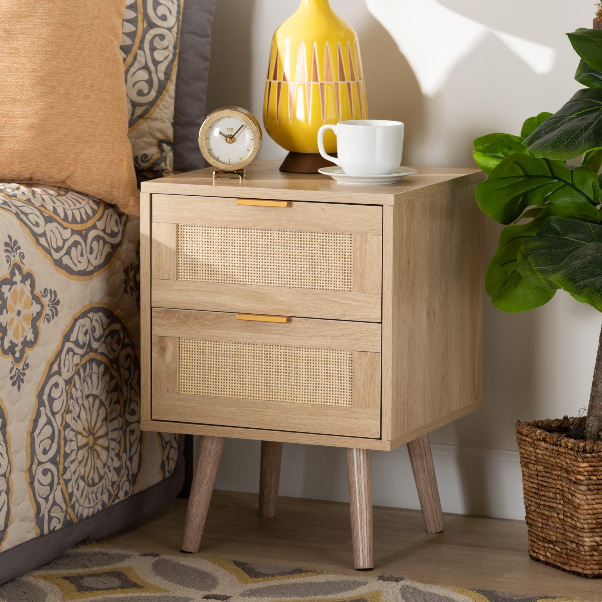 Baird Mid-Century Modern Light Finished Wood and Rattan 2-Drawer End Table