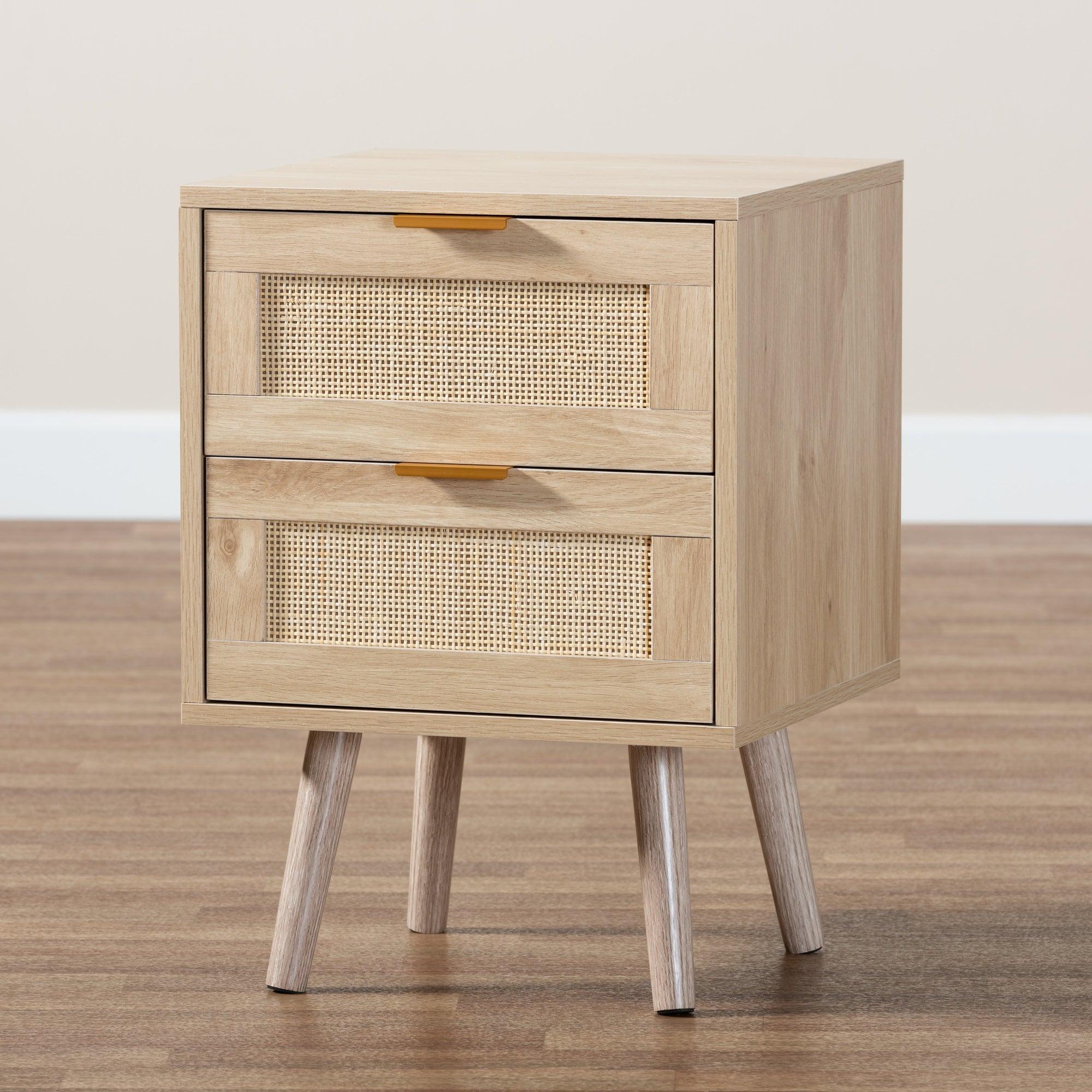 Baird Mid-Century Modern Light Finished Wood and Rattan 2-Drawer End Table