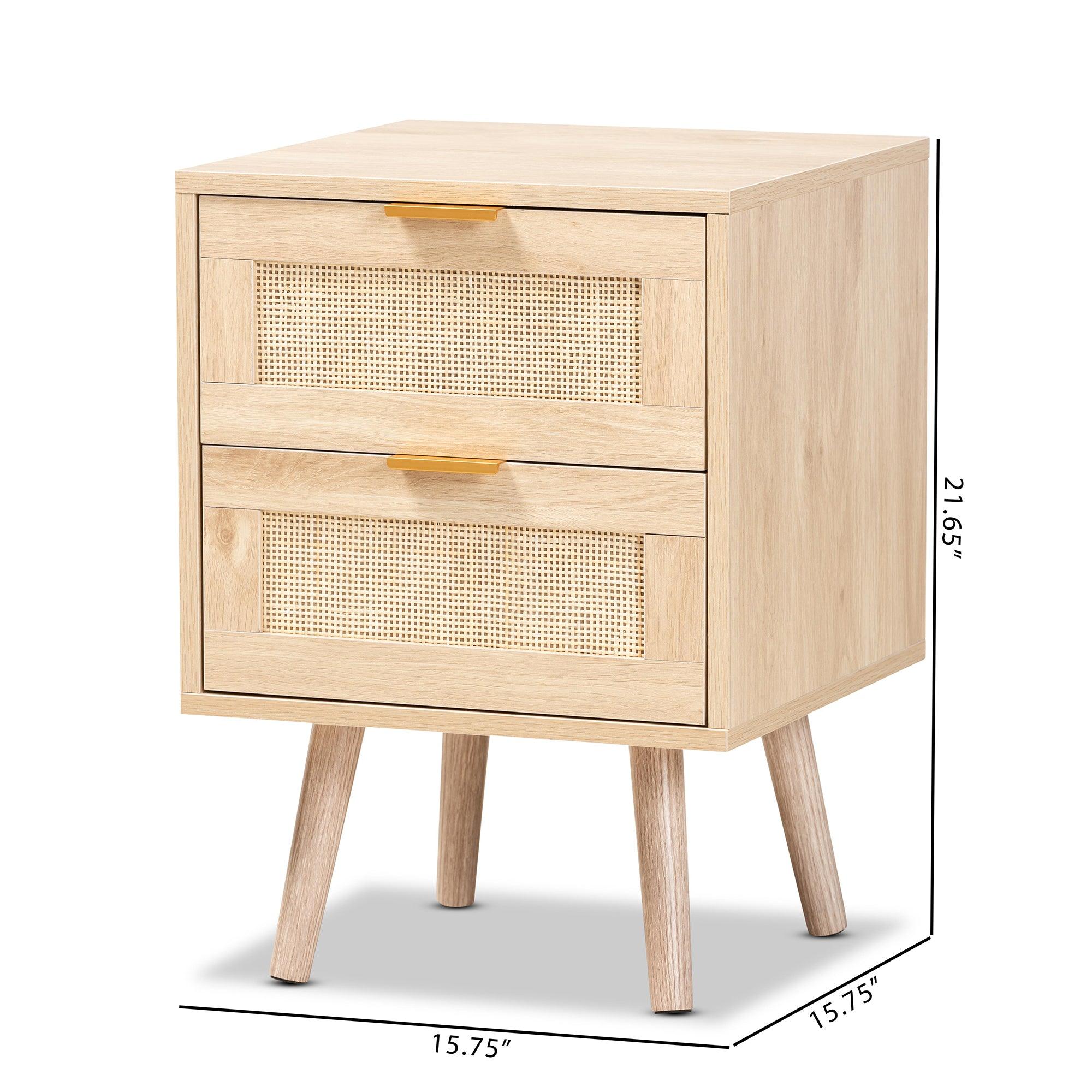 Baird Mid-Century Modern Light Finished Wood and Rattan 2-Drawer End Table