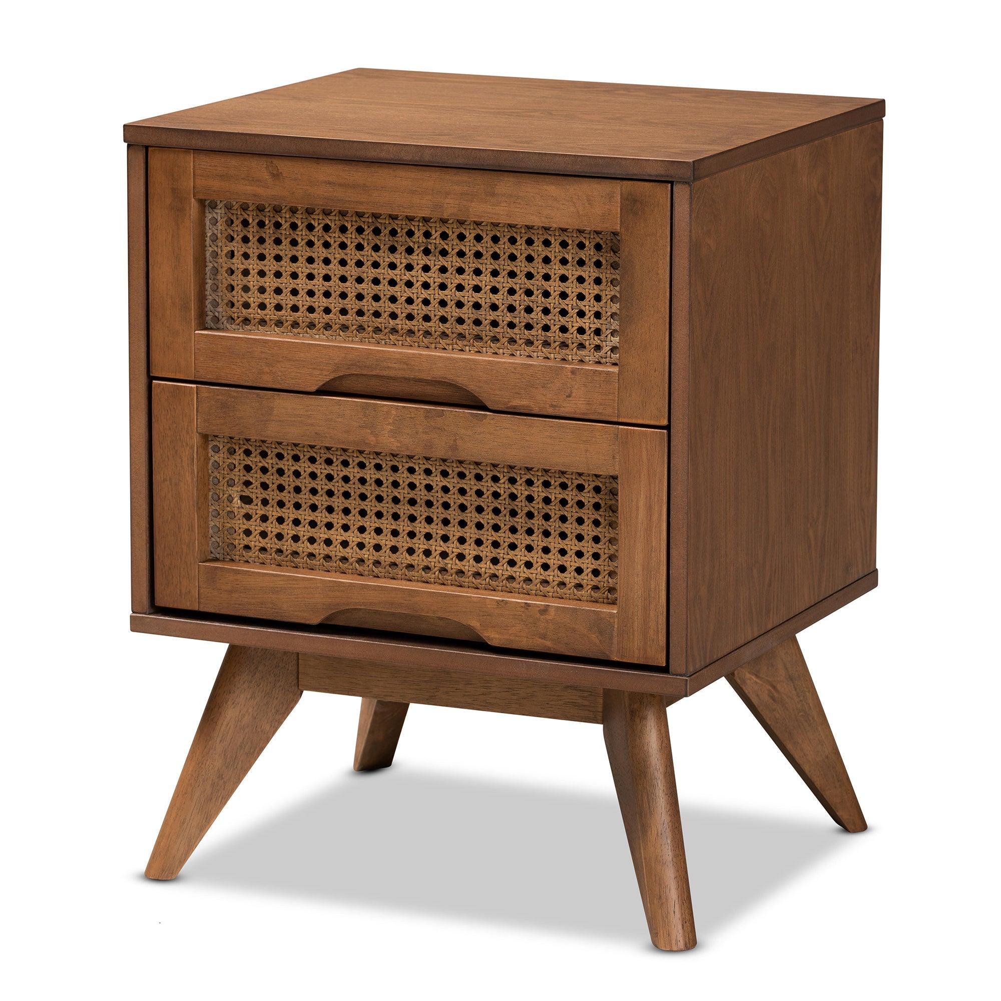 Barrett Mid-Century Modern Finished Wood and Synthetic Rattan 2-Drawer Nightstand
