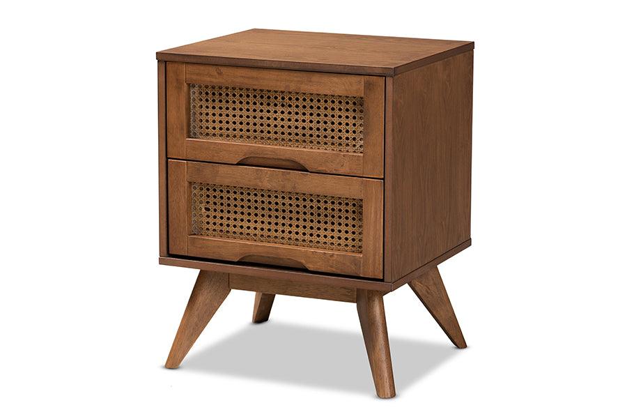 Barrett Mid-Century Modern Finished Wood and Synthetic Rattan 2-Drawer Nightstand