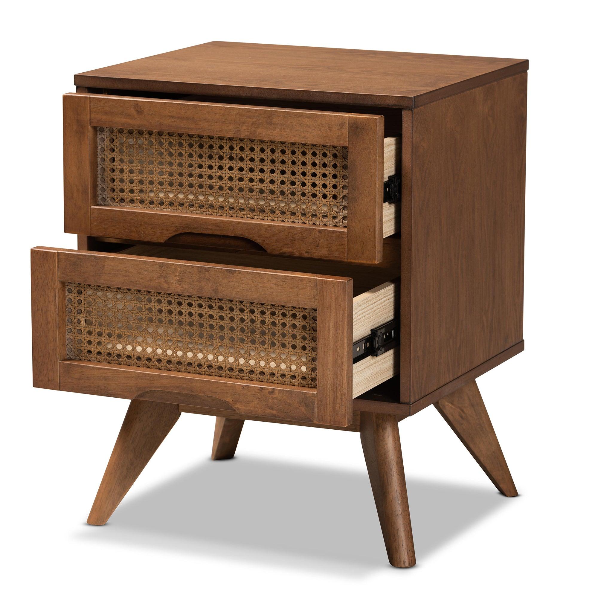 Barrett Mid-Century Modern Finished Wood and Synthetic Rattan 2-Drawer Nightstand