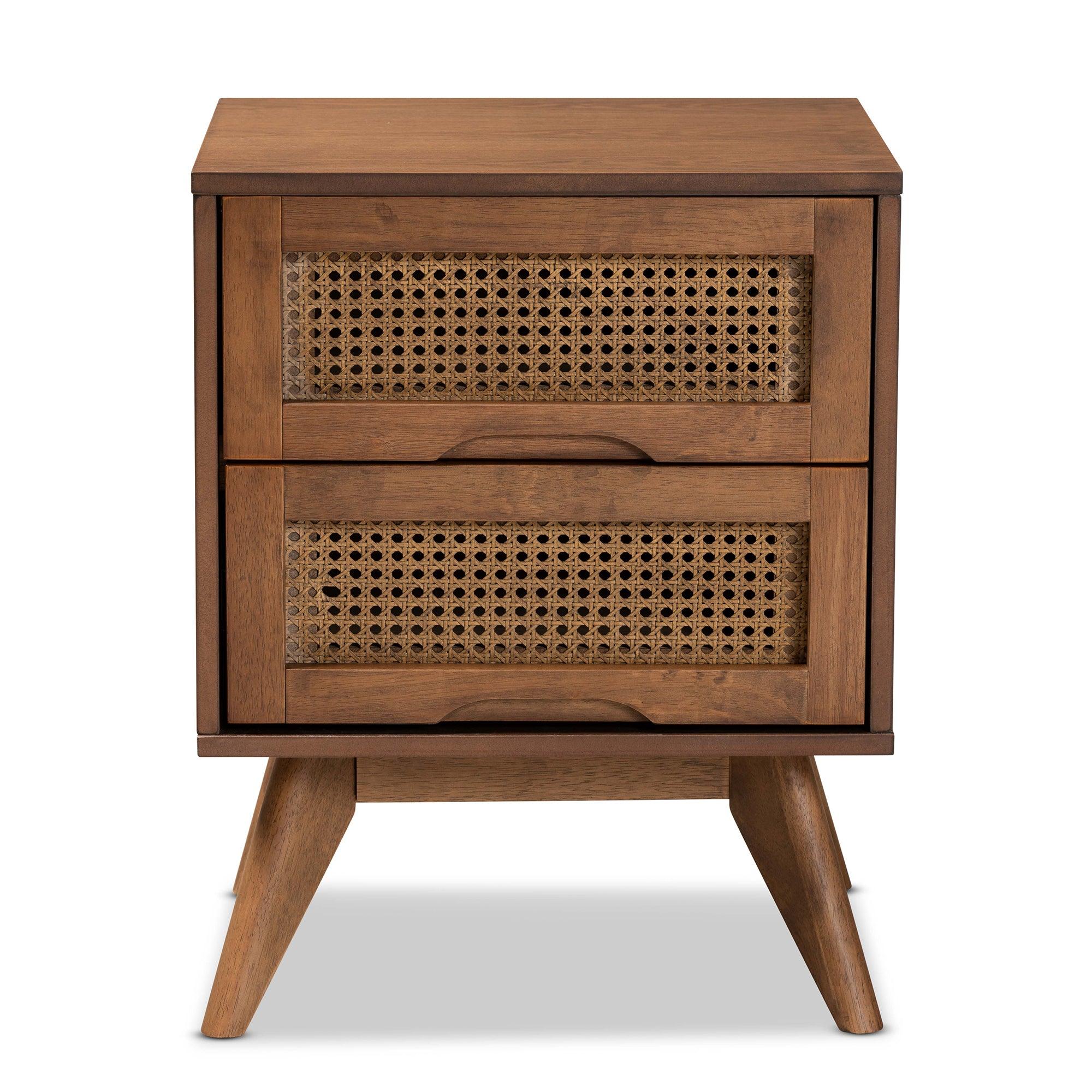 Barrett Mid-Century Modern Finished Wood and Synthetic Rattan 2-Drawer Nightstand