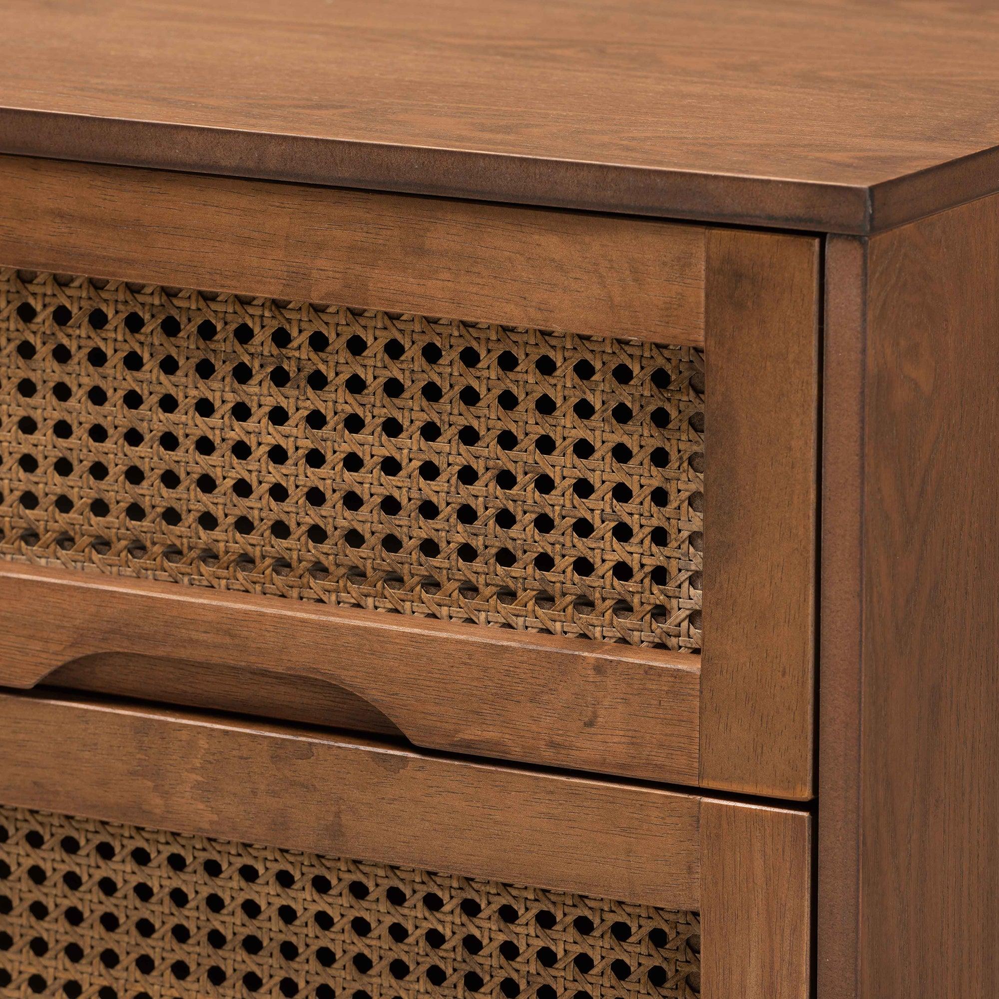 Barrett Mid-Century Modern Finished Wood and Synthetic Rattan 2-Drawer Nightstand