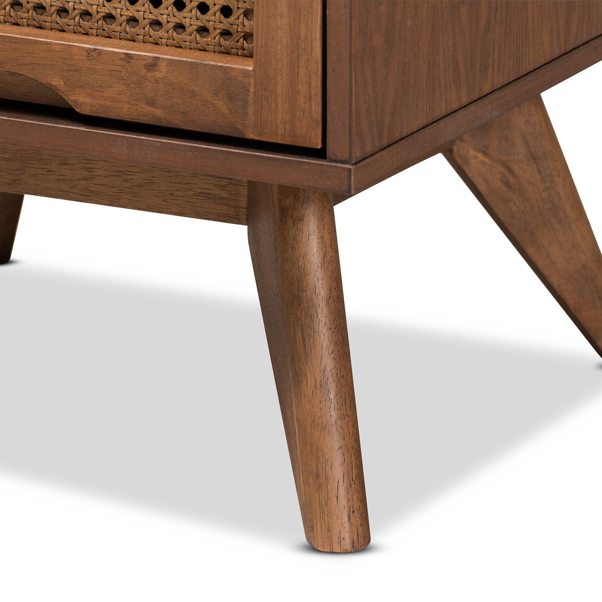 Barrett Mid-Century Modern Finished Wood and Synthetic Rattan 2-Drawer Nightstand