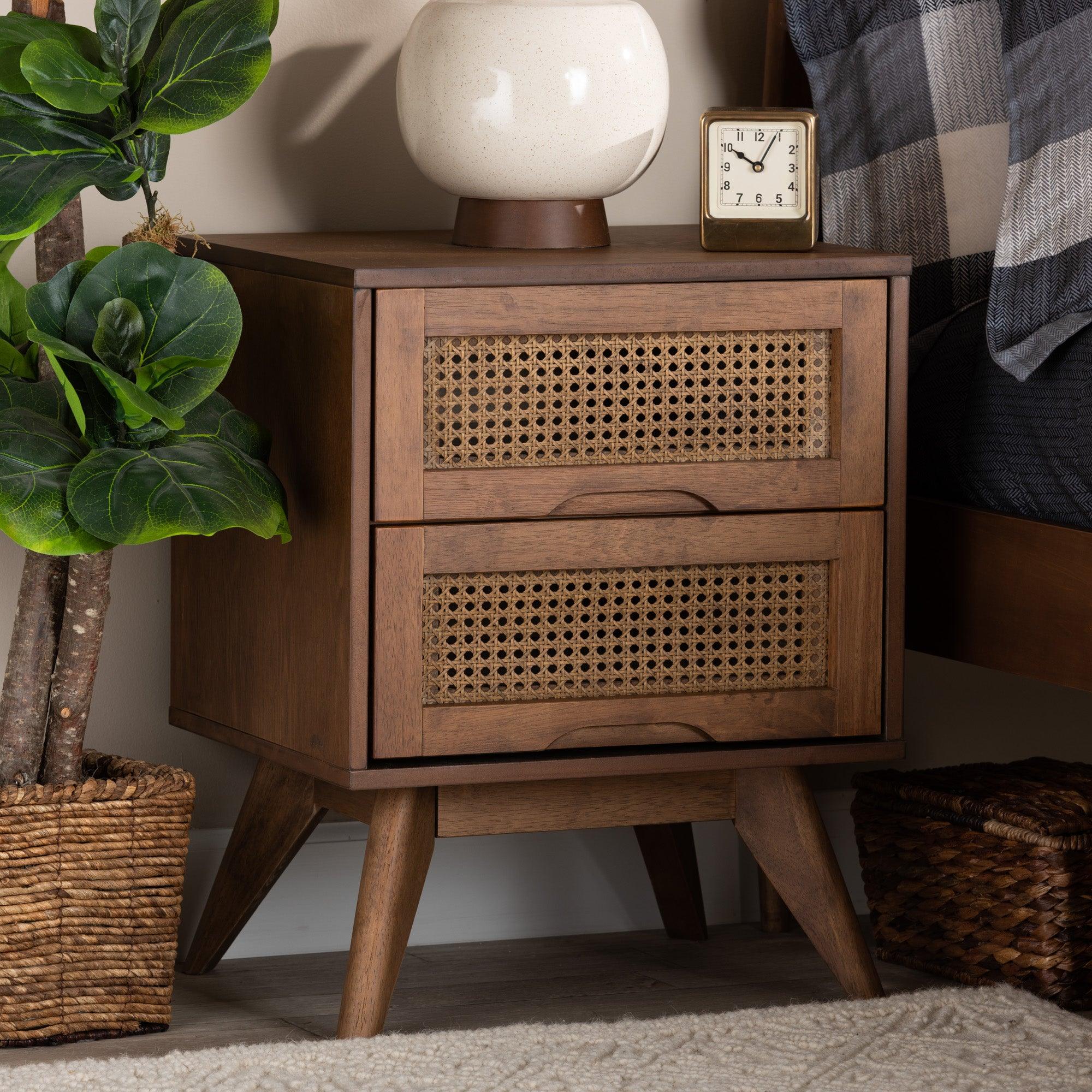 Barrett Mid-Century Modern Finished Wood and Synthetic Rattan 2-Drawer Nightstand