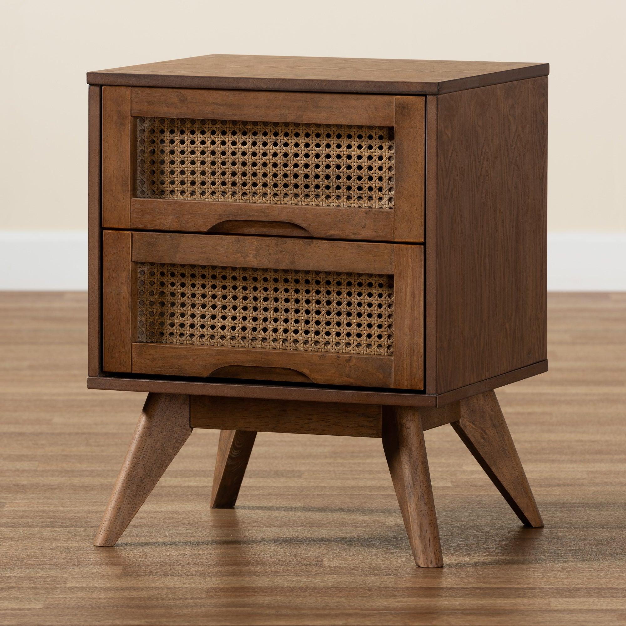 Barrett Mid-Century Modern Finished Wood and Synthetic Rattan 2-Drawer Nightstand