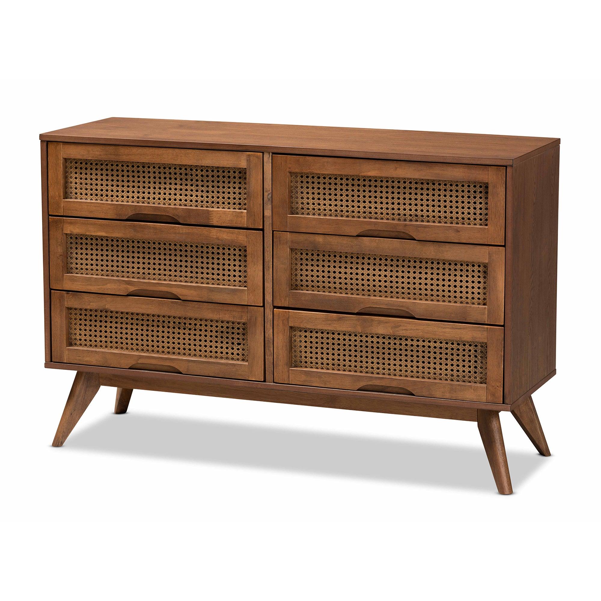 Barrett Mid-Century Modern Finished Wood and Synthetic Rattan 6-Drawer Dresser