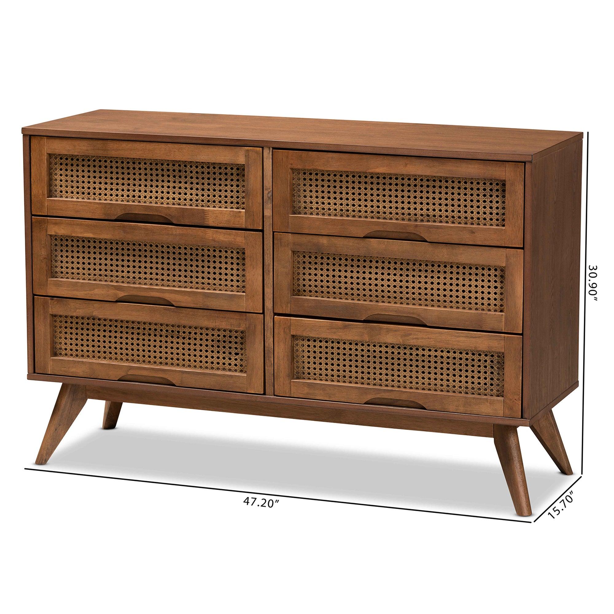 Barrett Mid-Century Modern Finished Wood and Synthetic Rattan 6-Drawer Dresser