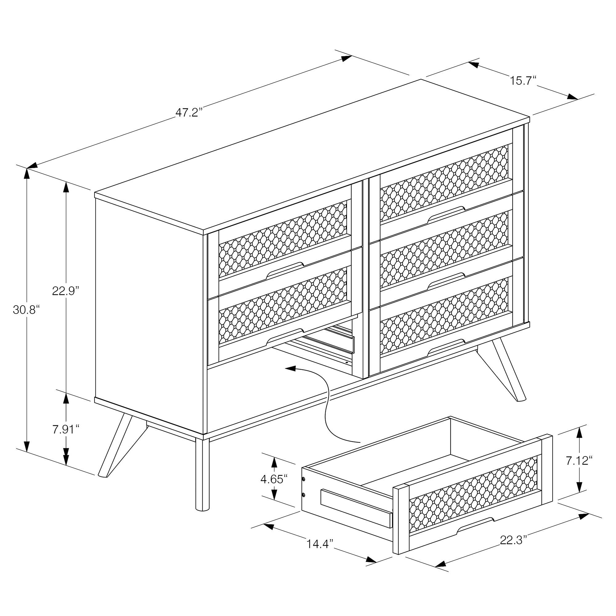 Barrett Mid-Century Modern Finished Wood and Synthetic Rattan 6-Drawer Dresser