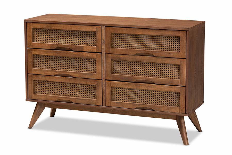 Barrett Mid-Century Modern Finished Wood and Synthetic Rattan 6-Drawer Dresser