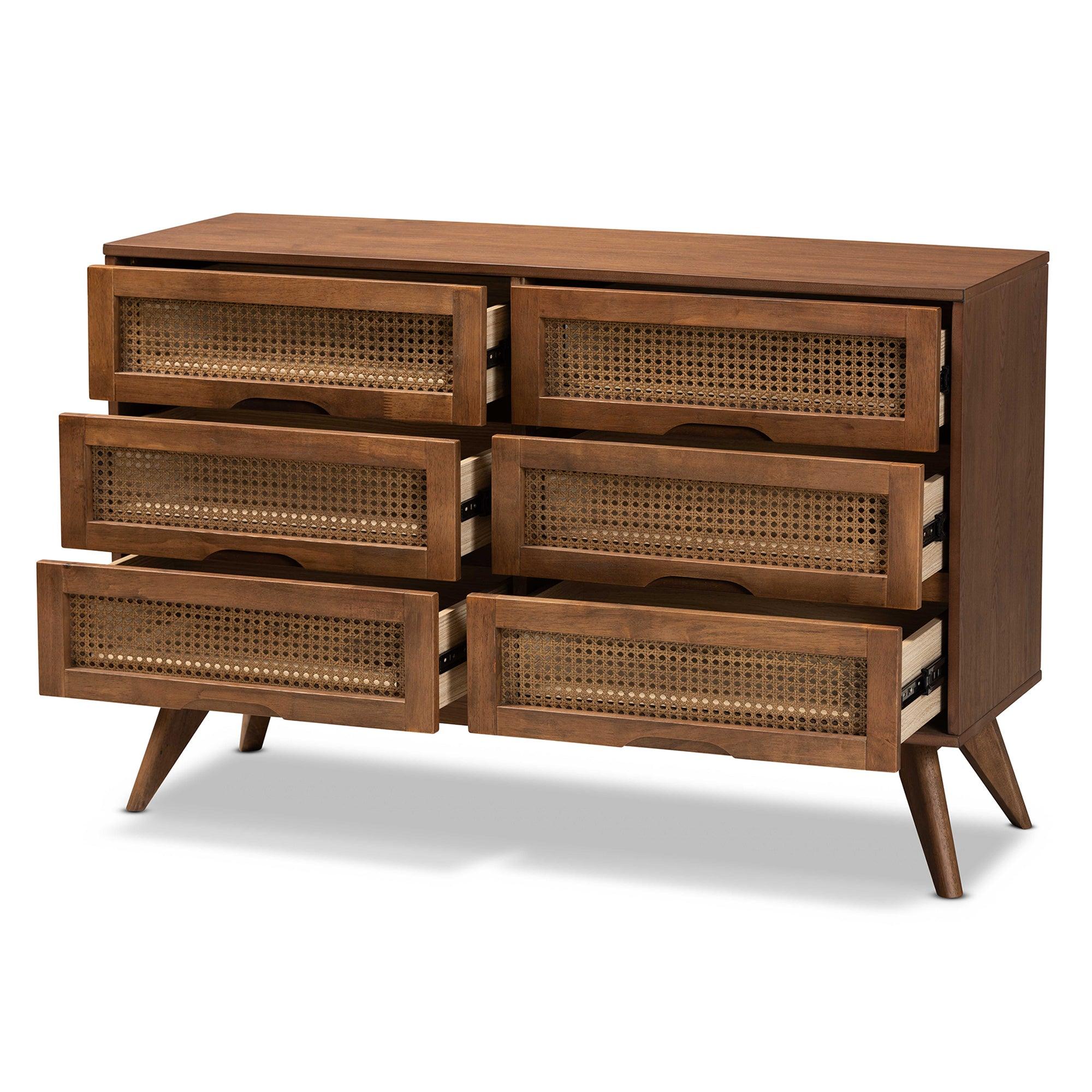 Barrett Mid-Century Modern Finished Wood and Synthetic Rattan 6-Drawer Dresser