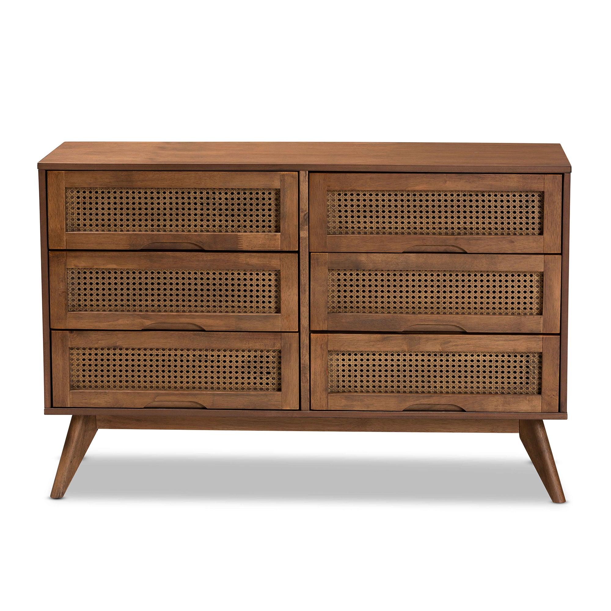 Barrett Mid-Century Modern Finished Wood and Synthetic Rattan 6-Drawer Dresser