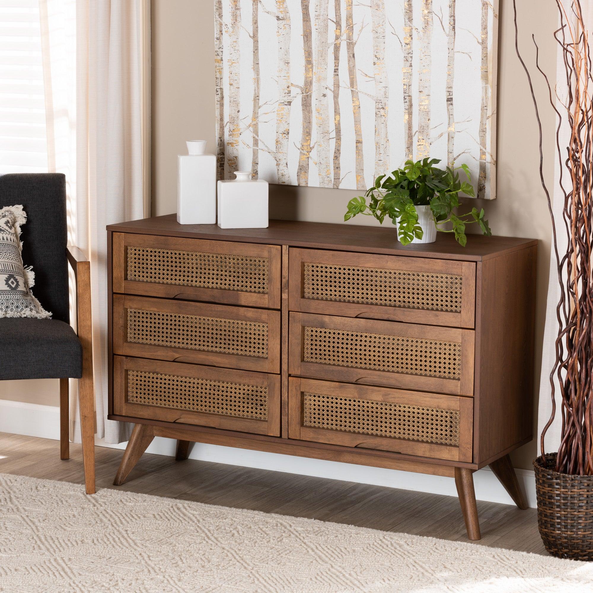 Barrett Mid-Century Modern Finished Wood and Synthetic Rattan 6-Drawer Dresser