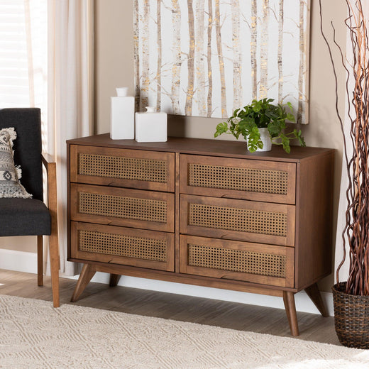 Barrett Mid-Century Modern Finished Wood and Synthetic Rattan 6-Drawer Dresser