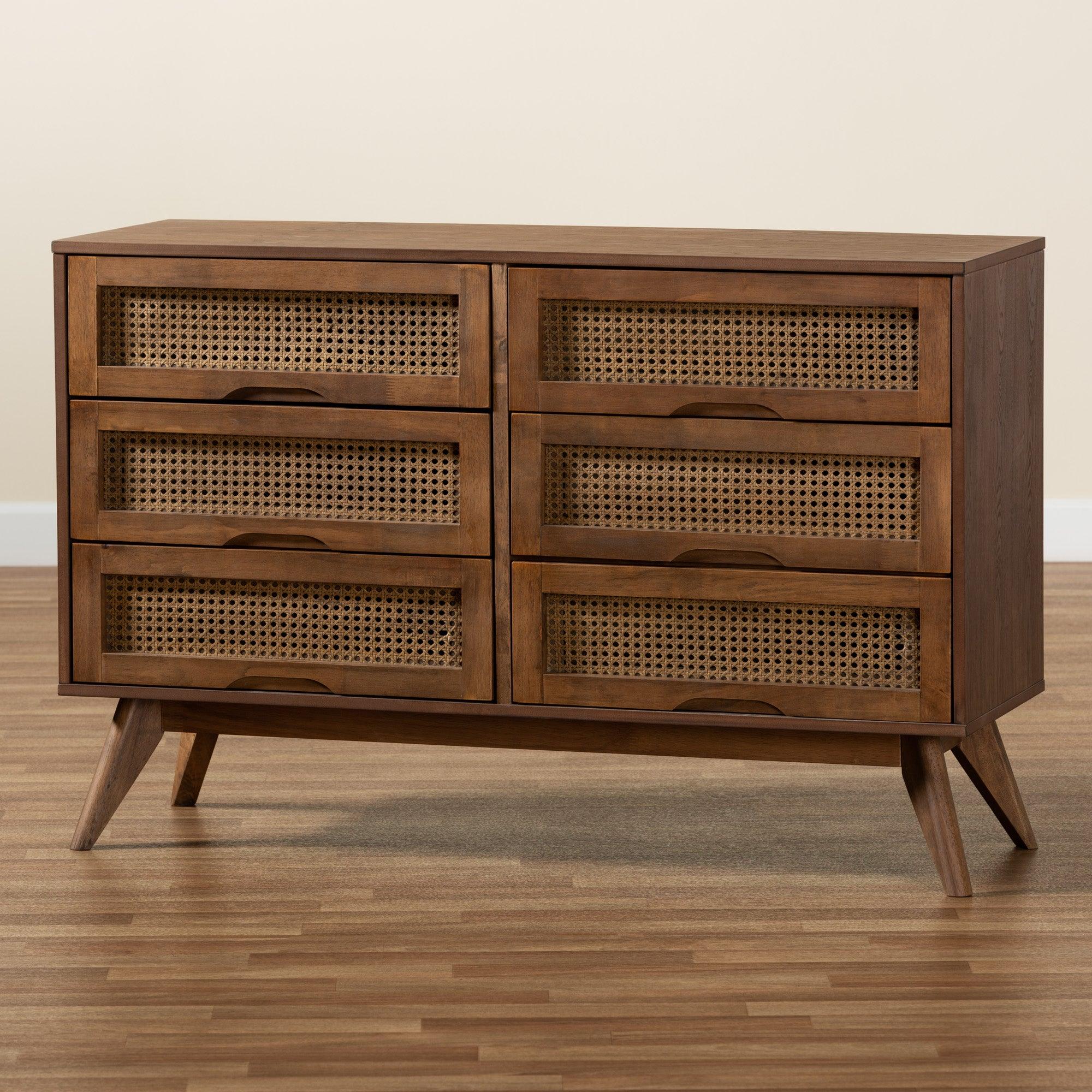 Barrett Mid-Century Modern Finished Wood and Synthetic Rattan 6-Drawer Dresser