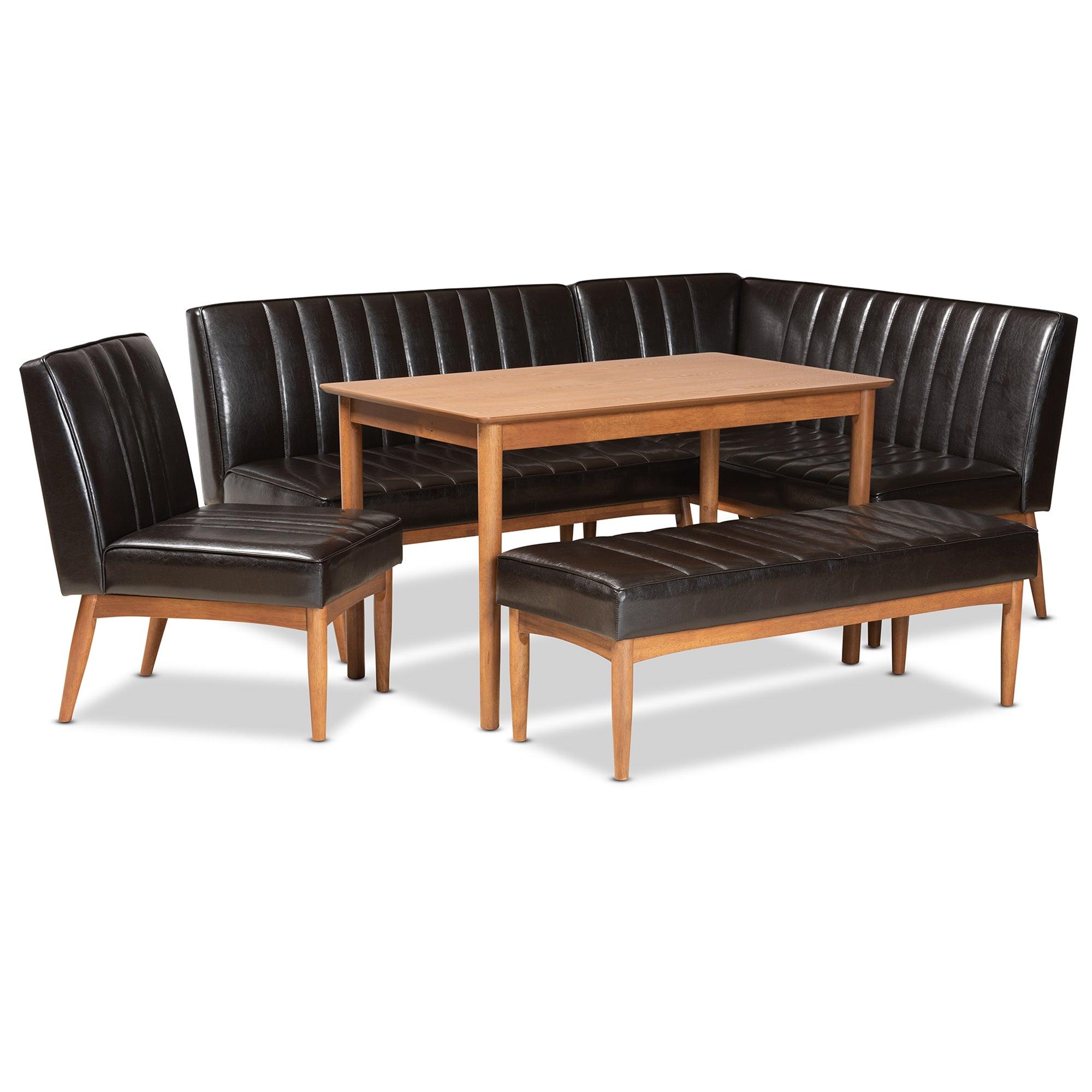 Daymond Mid-Century Modern Faux Leather Upholstered and Finished Wood 5-Piece Dining Nook Set