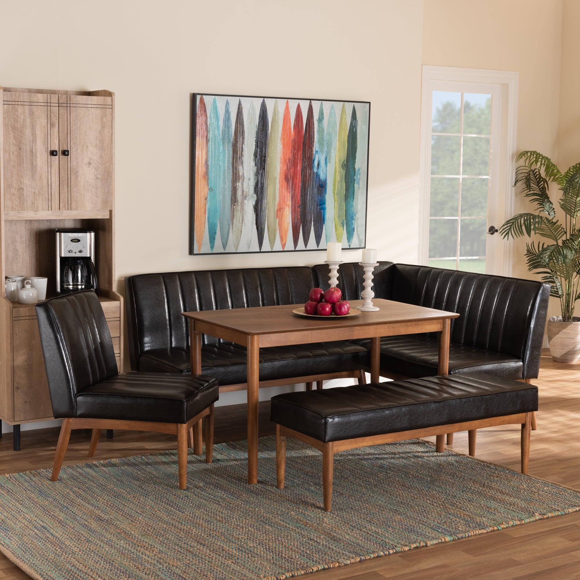 Daymond Mid-Century Modern Faux Leather Upholstered and Finished Wood 5-Piece Dining Nook Set