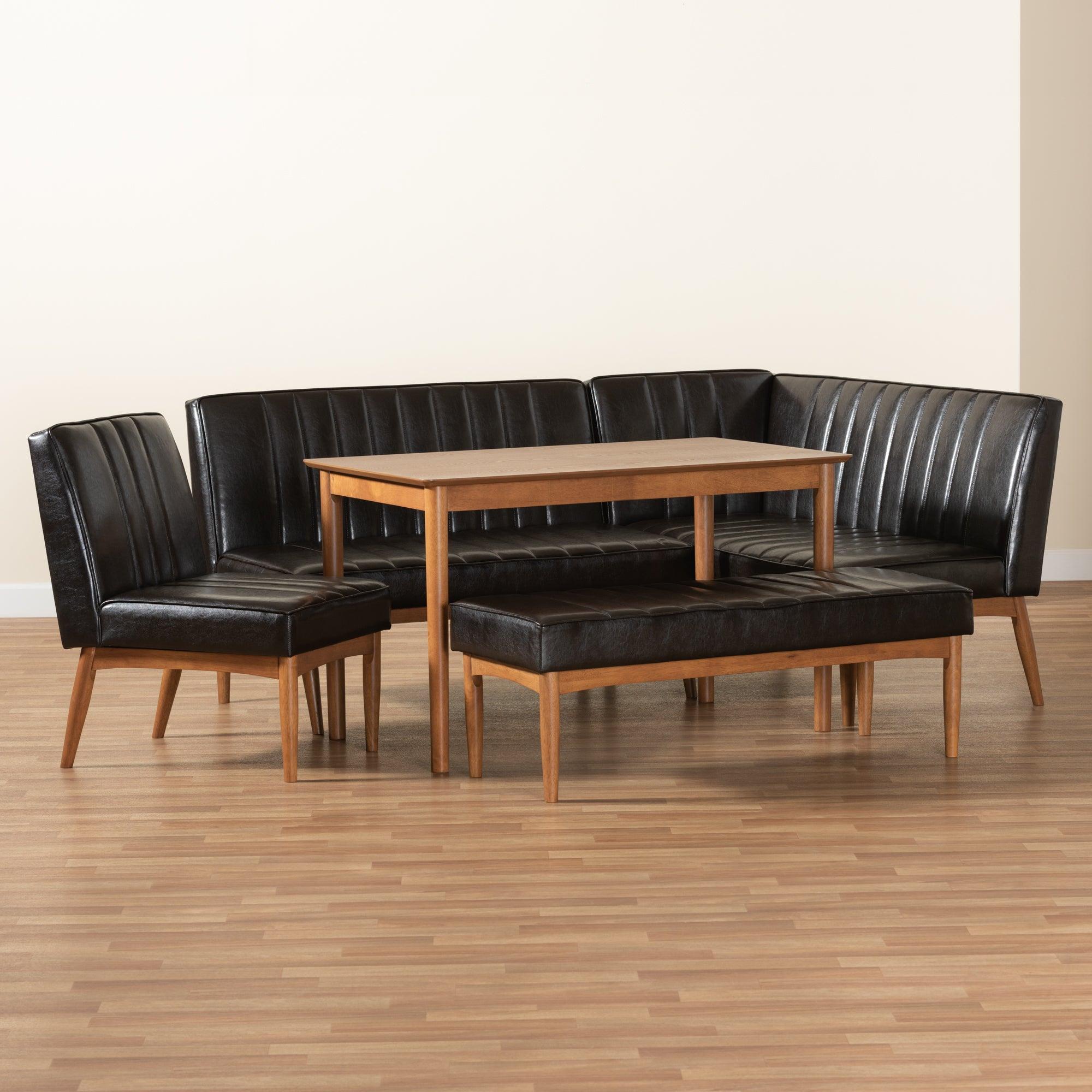 Daymond Mid-Century Modern Faux Leather Upholstered and Finished Wood 5-Piece Dining Nook Set