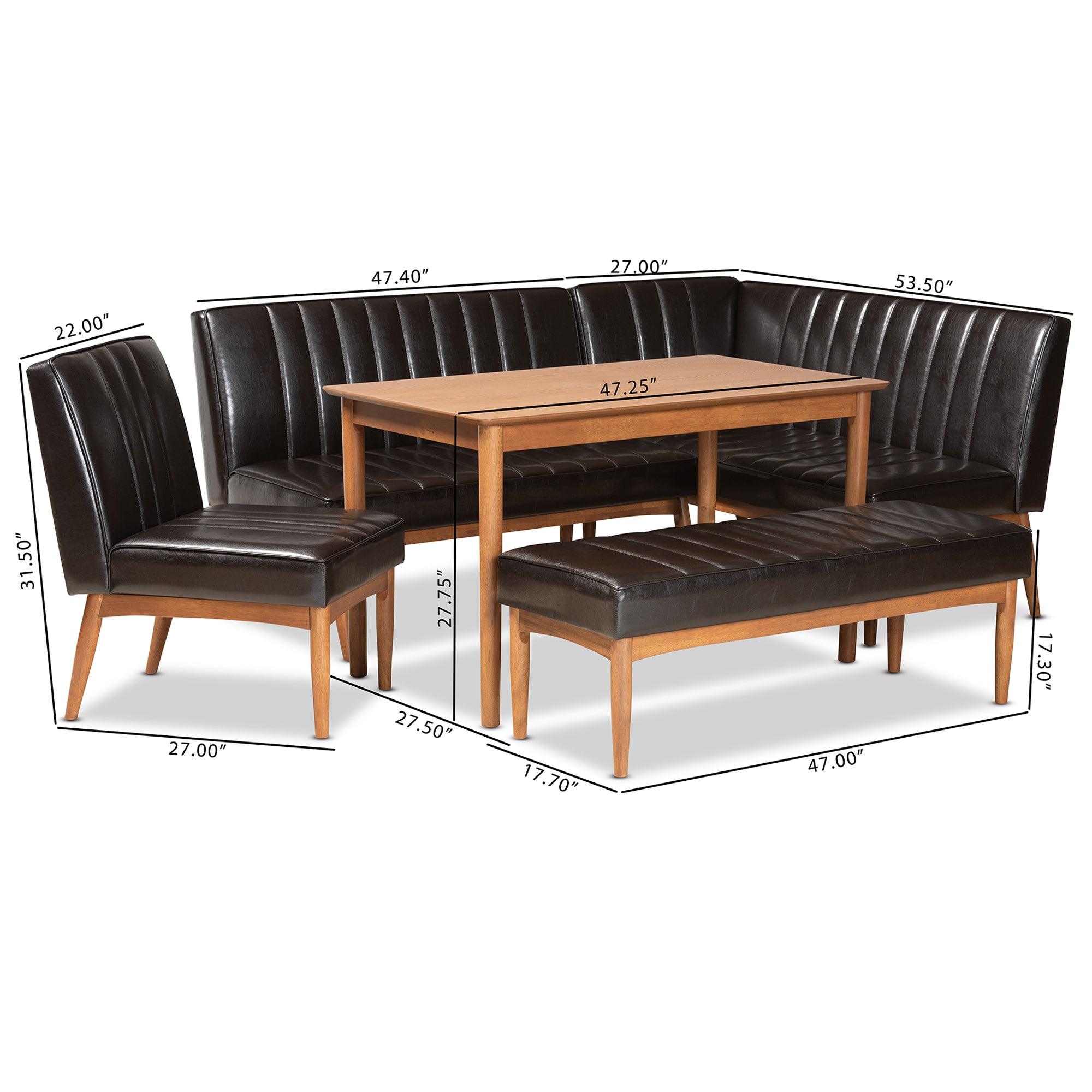 Daymond Mid-Century Modern Faux Leather Upholstered and Finished Wood 5-Piece Dining Nook Set