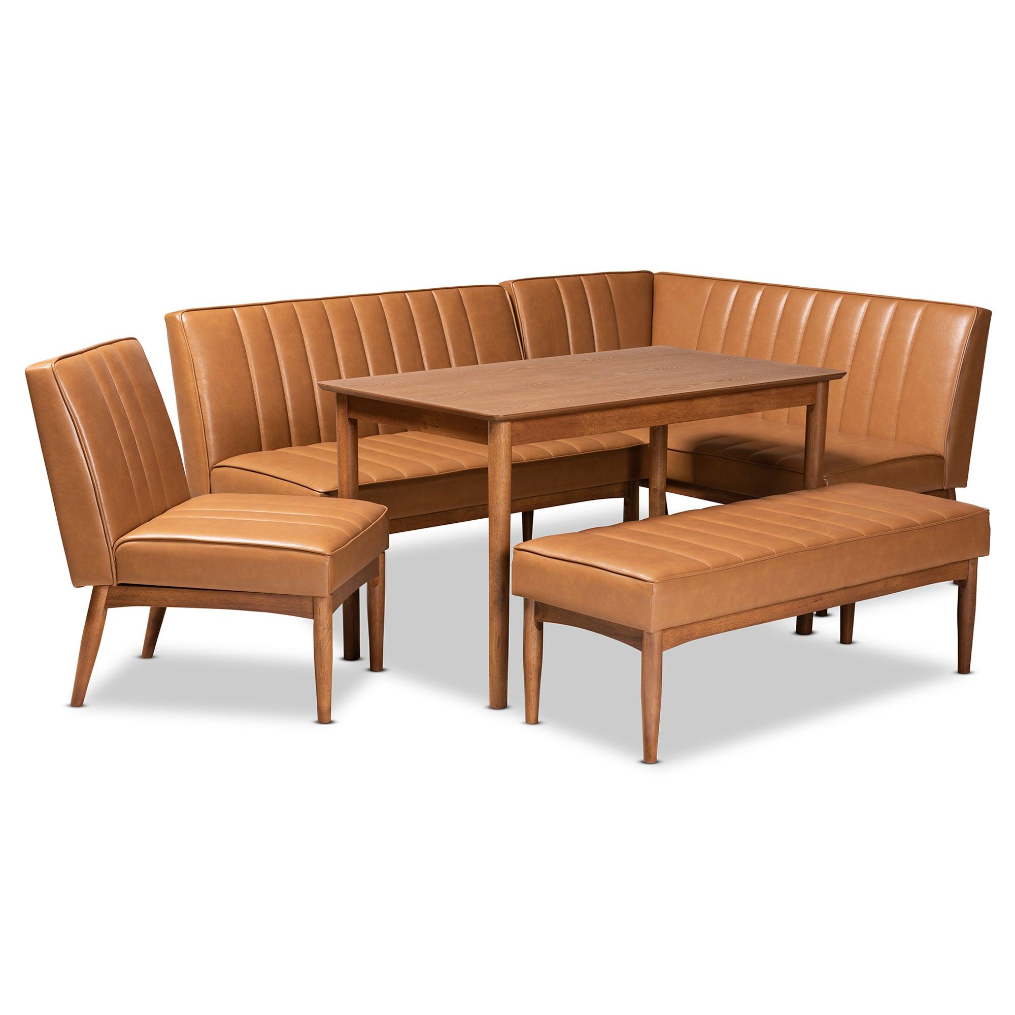 Daymond Mid-Century Modern Faux Leather Upholstered and Finished Wood 5-Piece Dining Nook Set