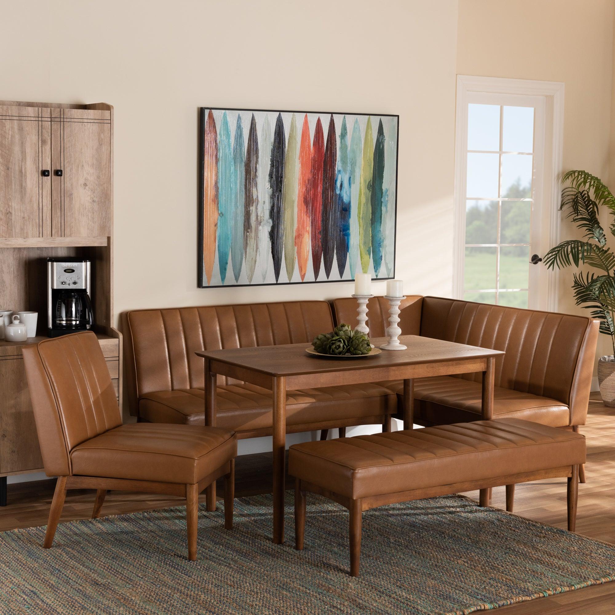 Daymond Mid-Century Modern Faux Leather Upholstered and Finished Wood 5-Piece Dining Nook Set