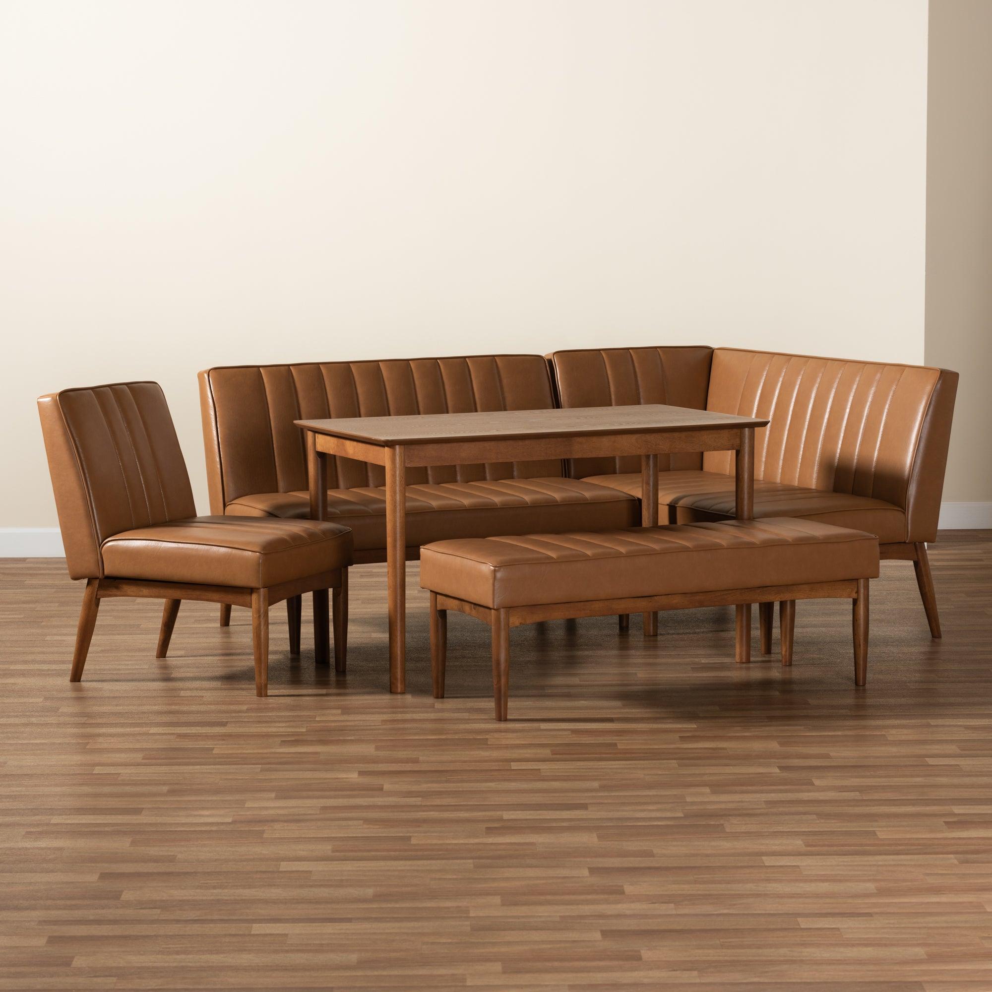 Daymond Mid-Century Modern Faux Leather Upholstered and Finished Wood 5-Piece Dining Nook Set