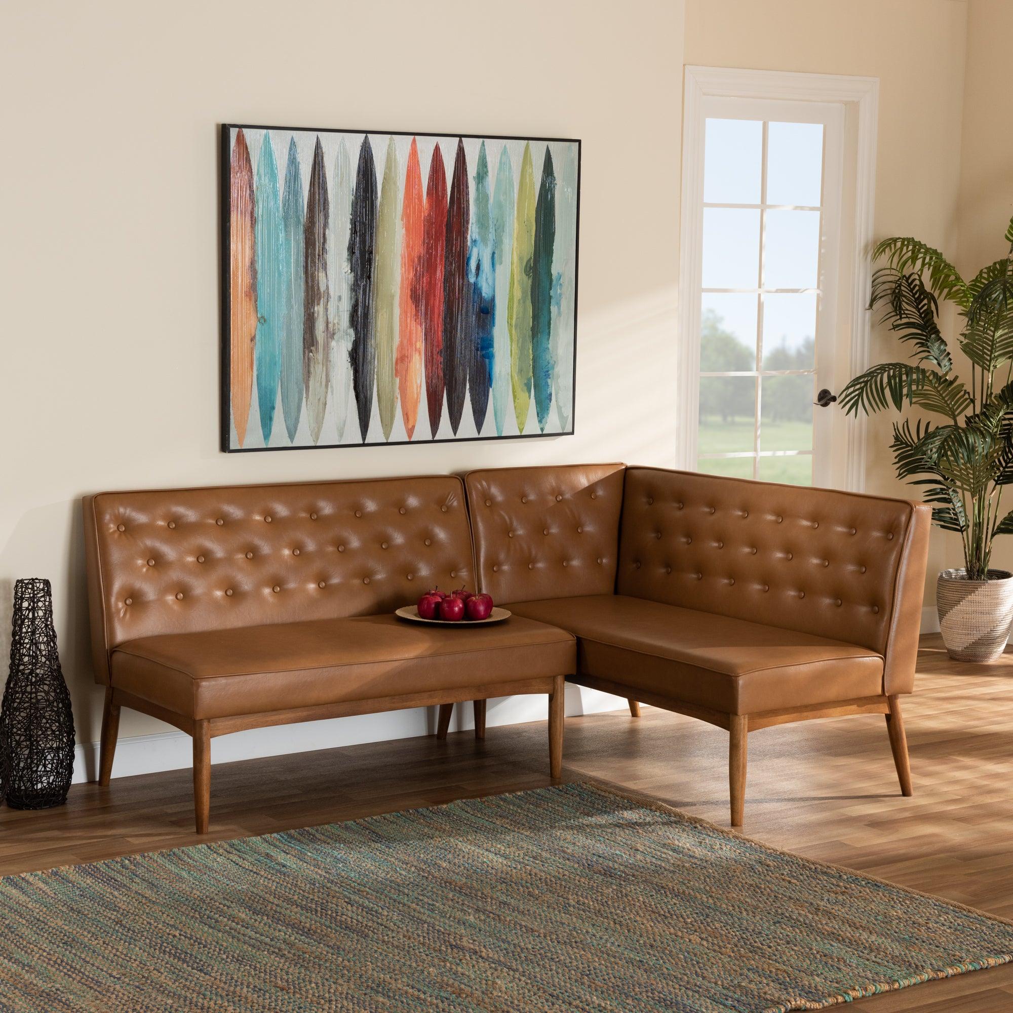Riordan Mid-Century Modern Faux Leather Upholstered and Finished Wood 2-Piece Dining Nook Banquette Set