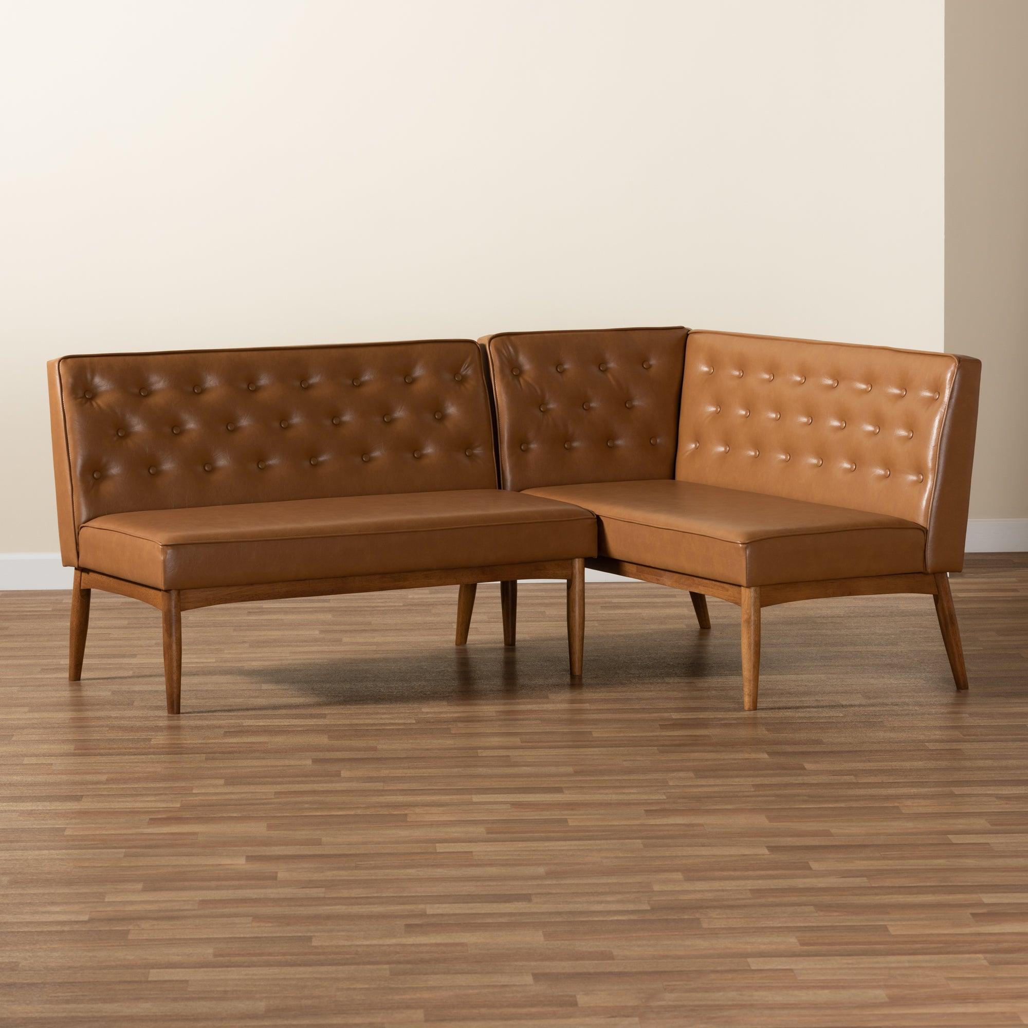 Riordan Mid-Century Modern Faux Leather Upholstered and Finished Wood 2-Piece Dining Nook Banquette Set