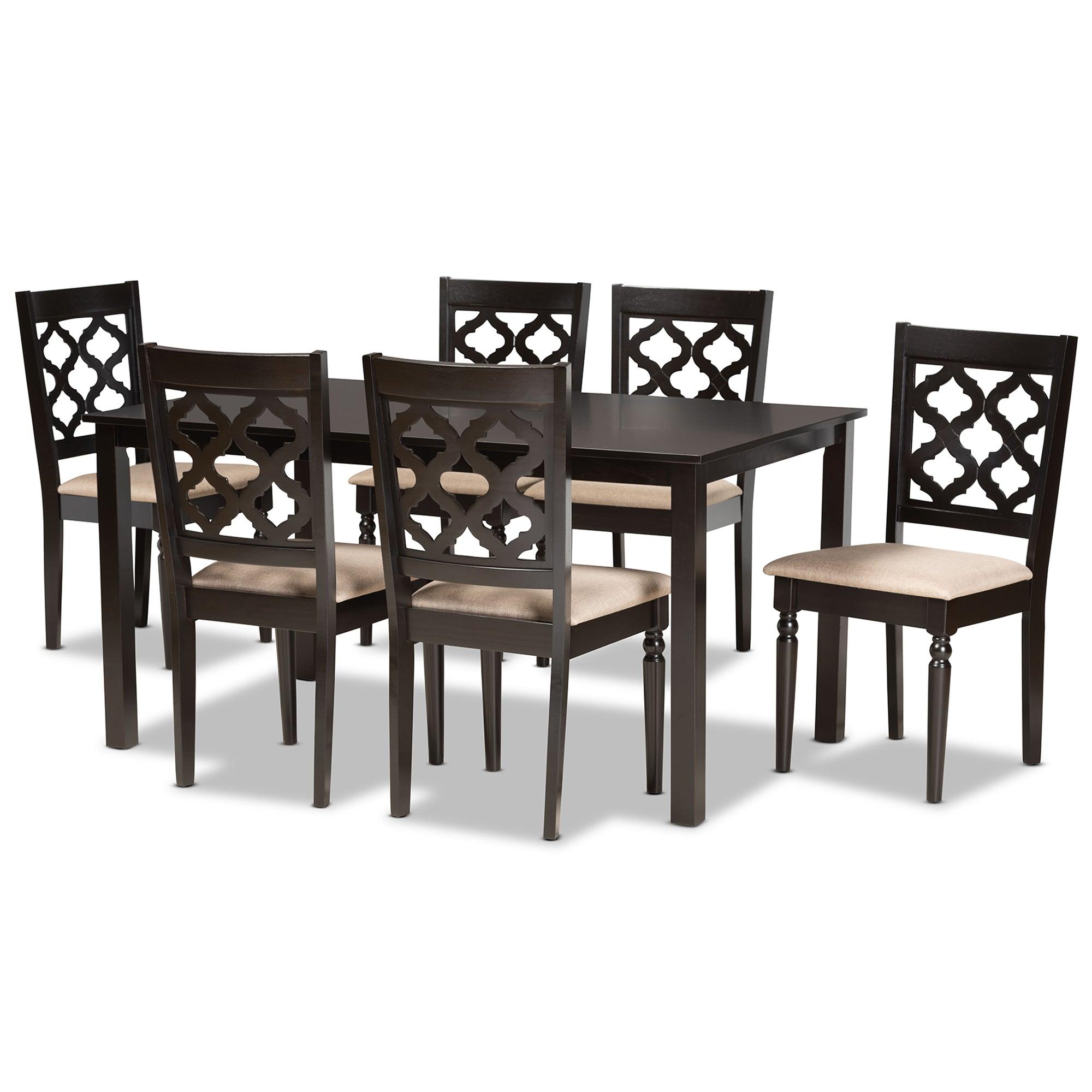 Ramiro Modern and Contemporary Sand Fabric Upholstered and Finished Wood 7-Piece Dining Set