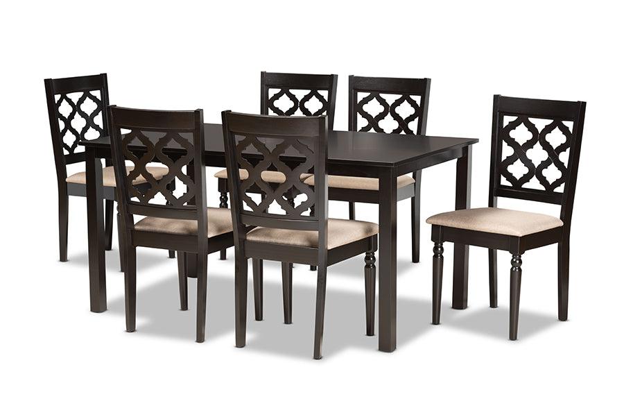 Ramiro Modern and Contemporary Sand Fabric Upholstered and Finished Wood 7-Piece Dining Set