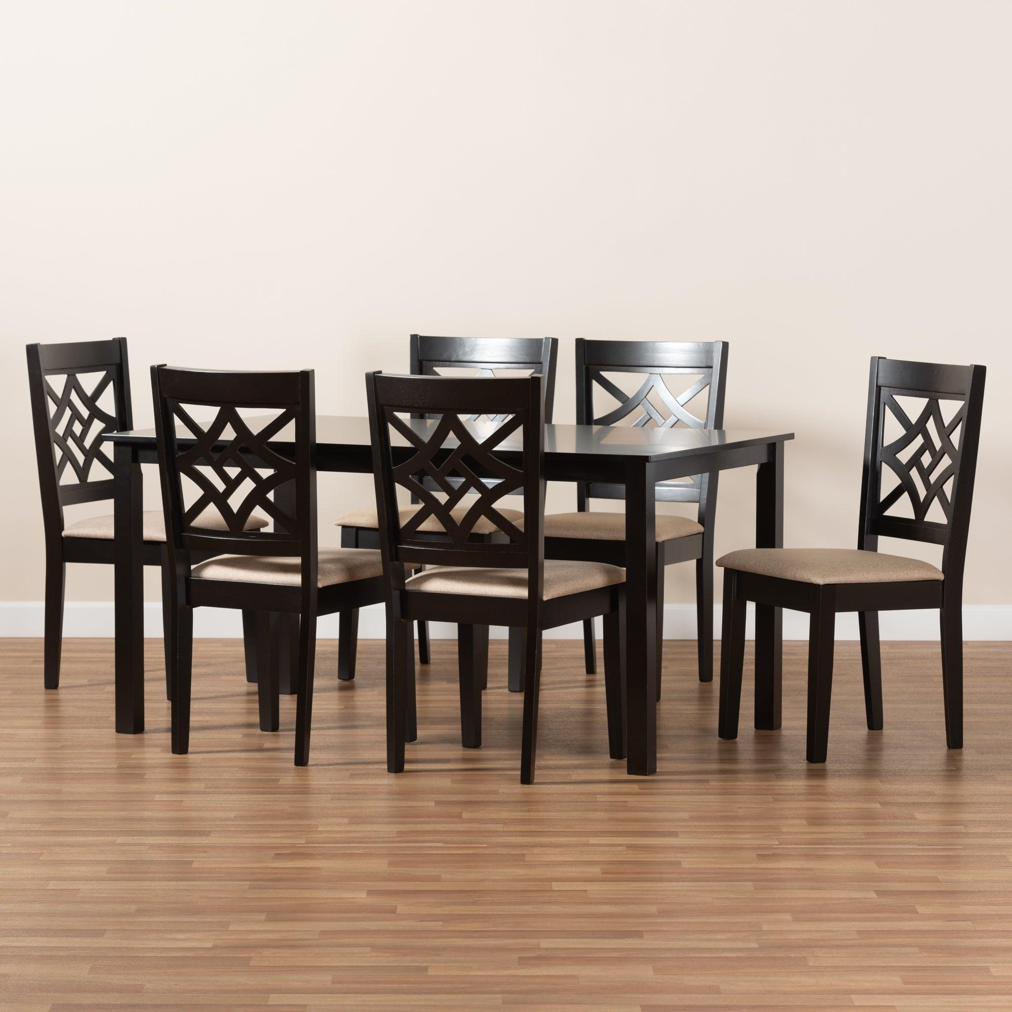 Nicolette Modern and Contemporary Sand Fabric Upholstered and Finished Wood 7-Piece Dining Set