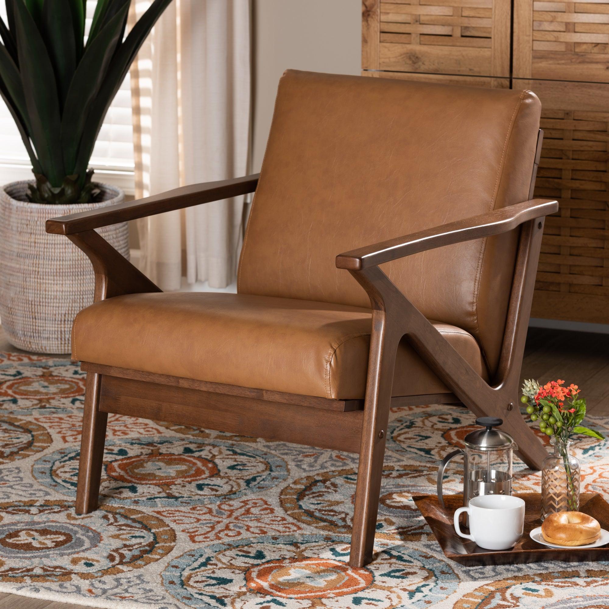 Bianca Mid-Century Modern Finished Wood and Faux Leather Effect Lounge Chair