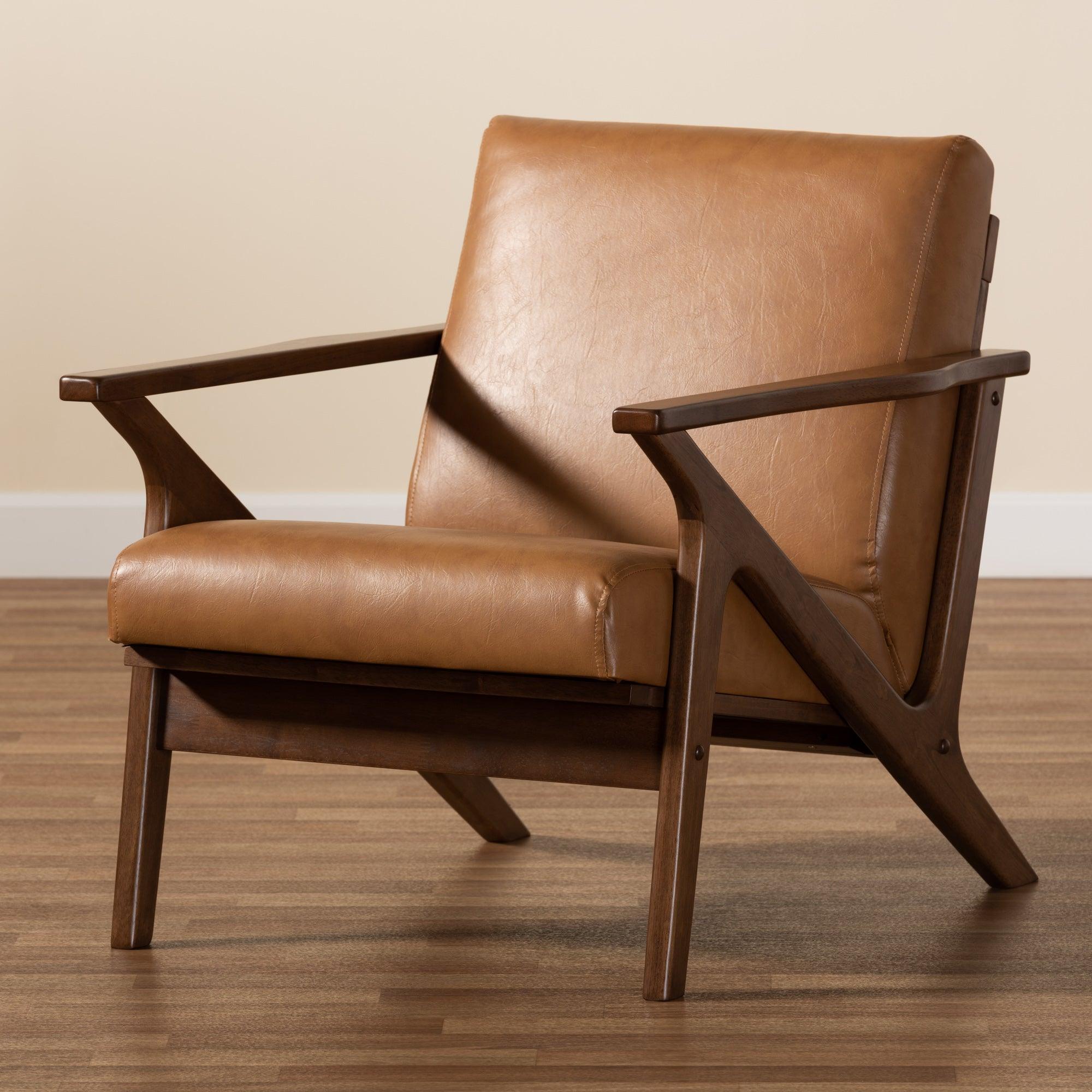 Bianca Mid-Century Modern Finished Wood and Faux Leather Effect Lounge Chair