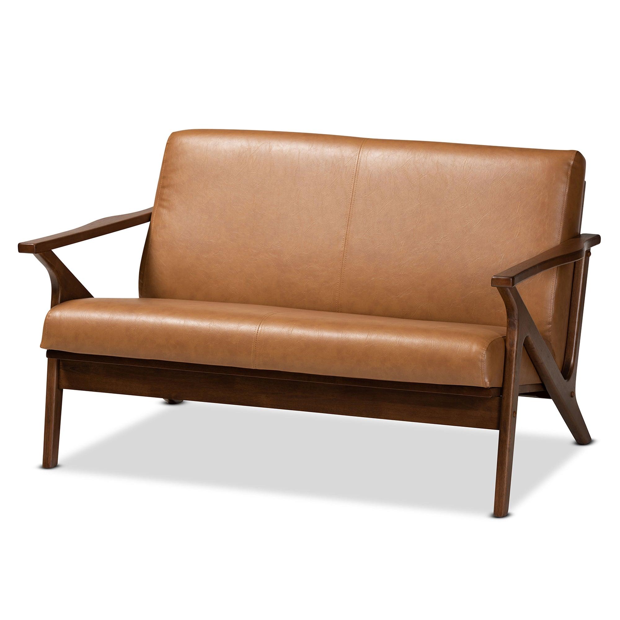 Bianca Mid-Century Modern Finished Wood and Faux Leather Effect Loveseat