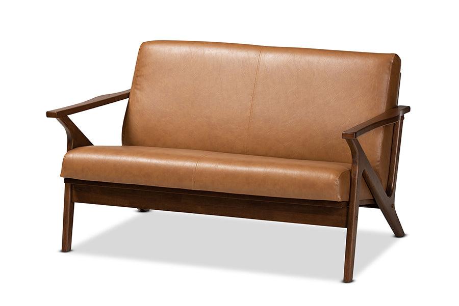 Bianca Mid-Century Modern Finished Wood and Faux Leather Effect Loveseat