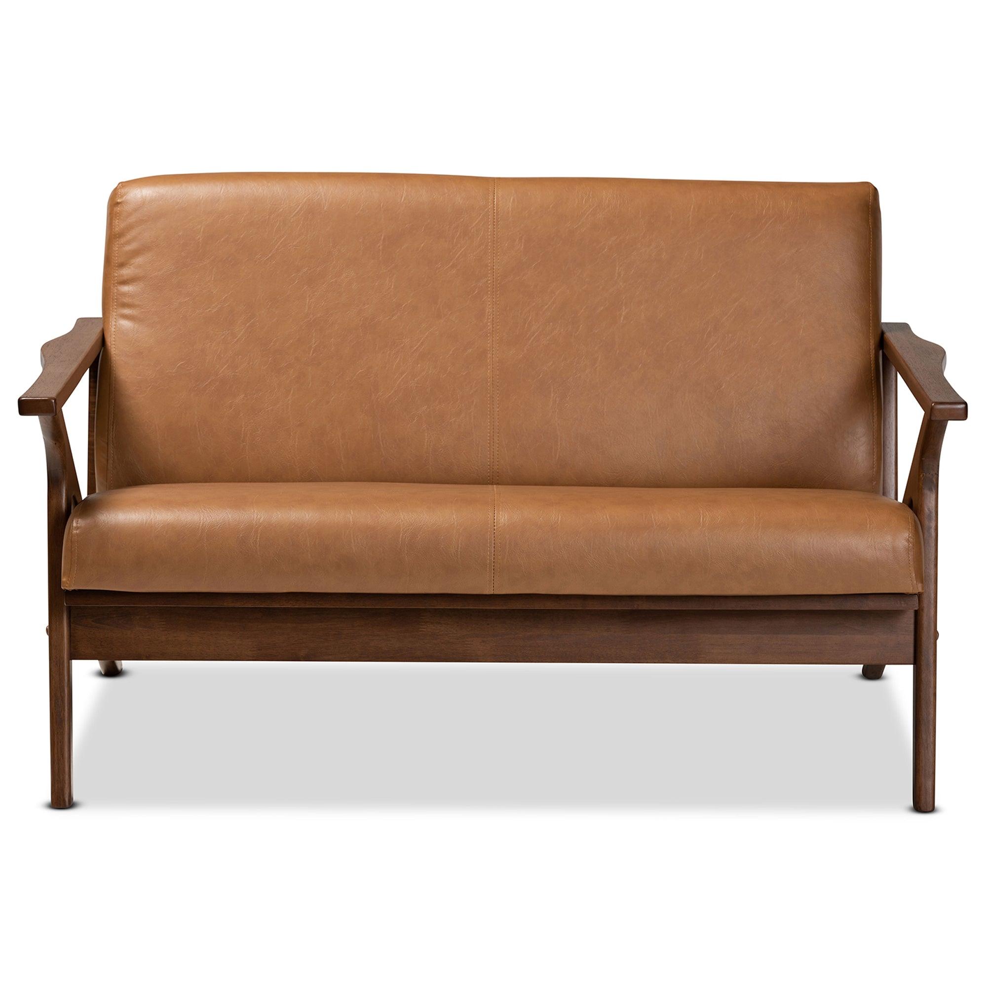Bianca Mid-Century Modern Finished Wood and Faux Leather Effect Loveseat
