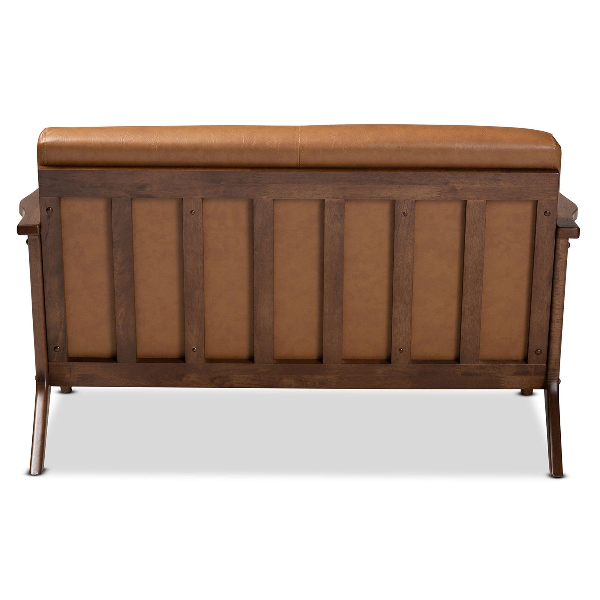 Bianca Mid-Century Modern Finished Wood and Faux Leather Effect Loveseat