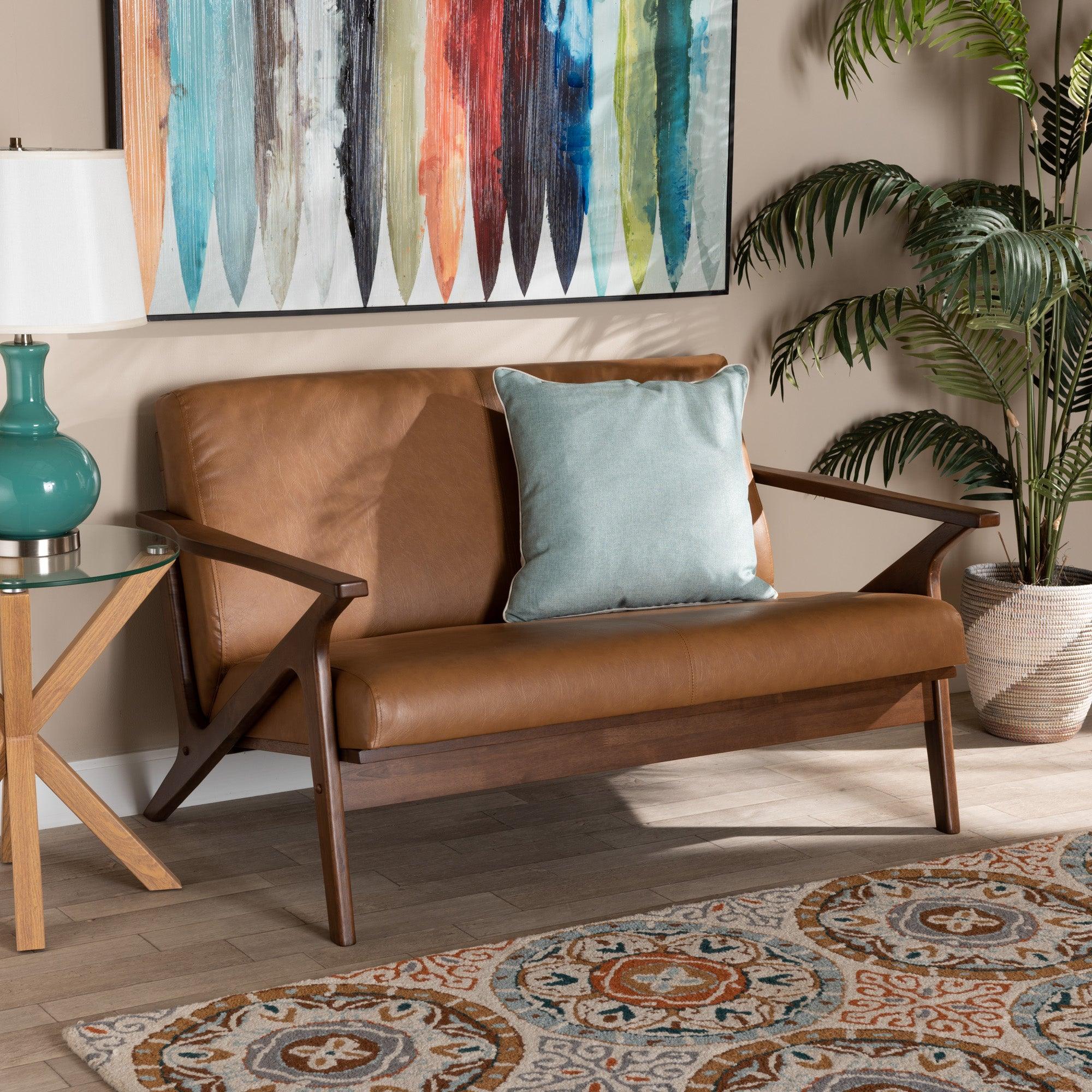 Bianca Mid-Century Modern Finished Wood and Faux Leather Effect Loveseat