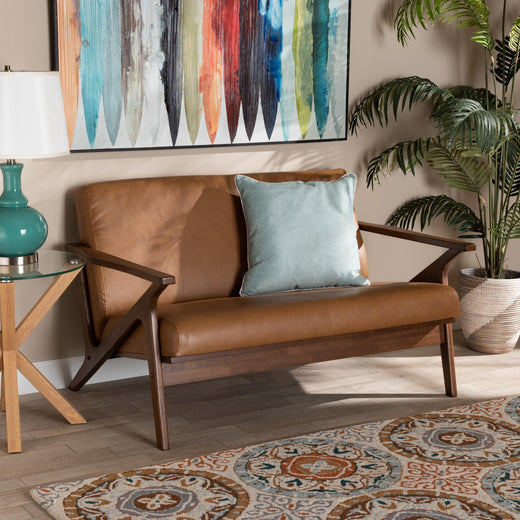 Bianca Mid-Century Modern Finished Wood and Faux Leather Effect Loveseat