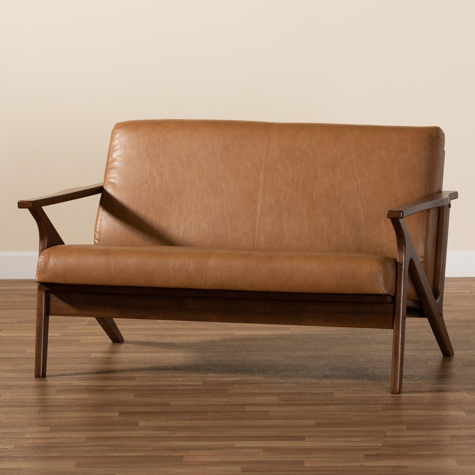 Bianca Mid-Century Modern Finished Wood and Faux Leather Effect Loveseat