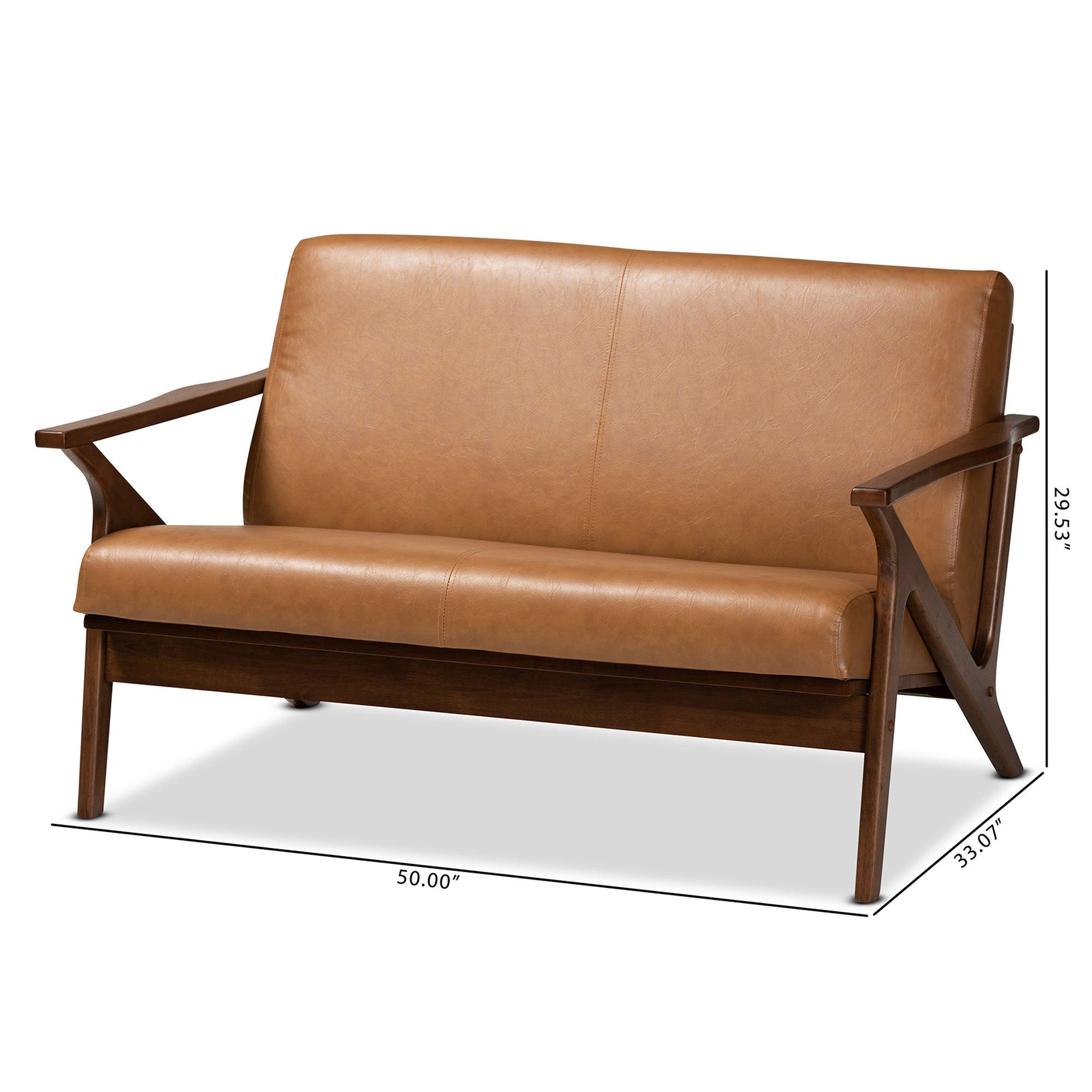 Bianca Mid-Century Modern Finished Wood and Faux Leather Effect Loveseat