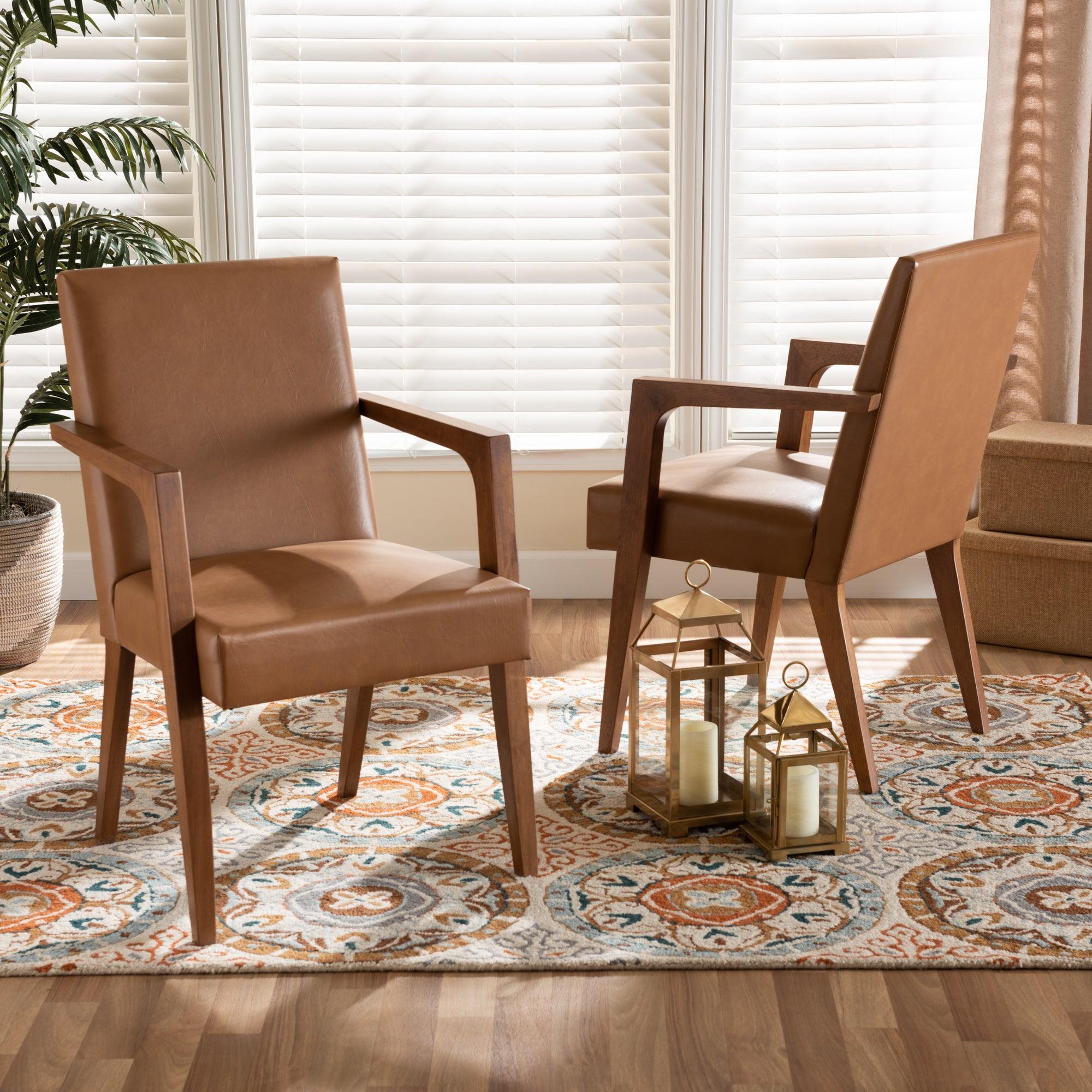 Andrea Mid-Century Modern Faux Leather Upholstered and Finished Wood 2-Piece Armchair Set