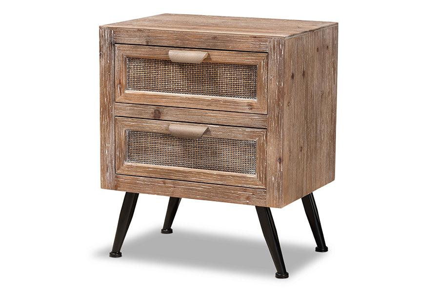Calida Mid-Century Modern washed Finished Wood and Rattan 2-Drawer End Table