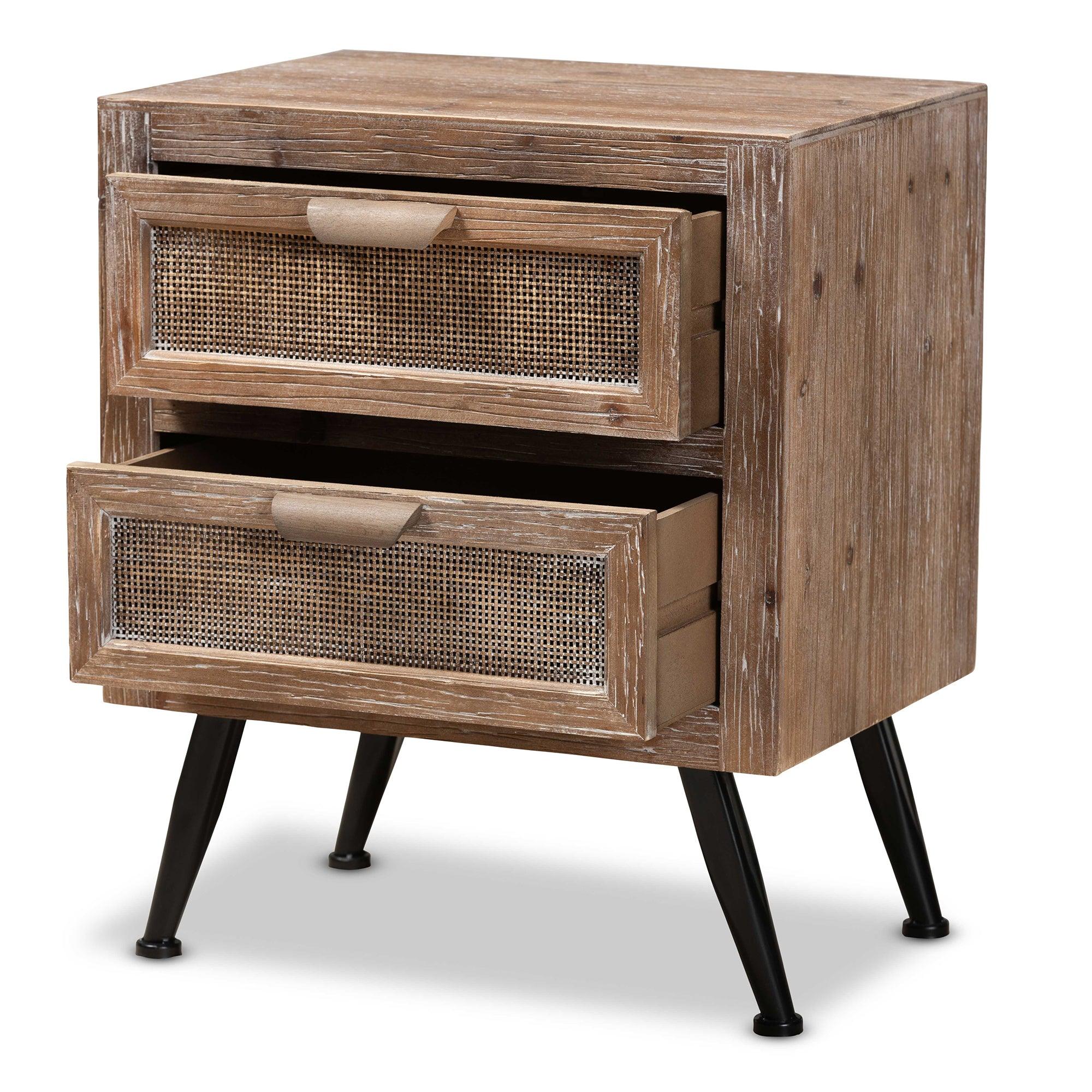 Calida Mid-Century Modern washed Finished Wood and Rattan 2-Drawer End Table